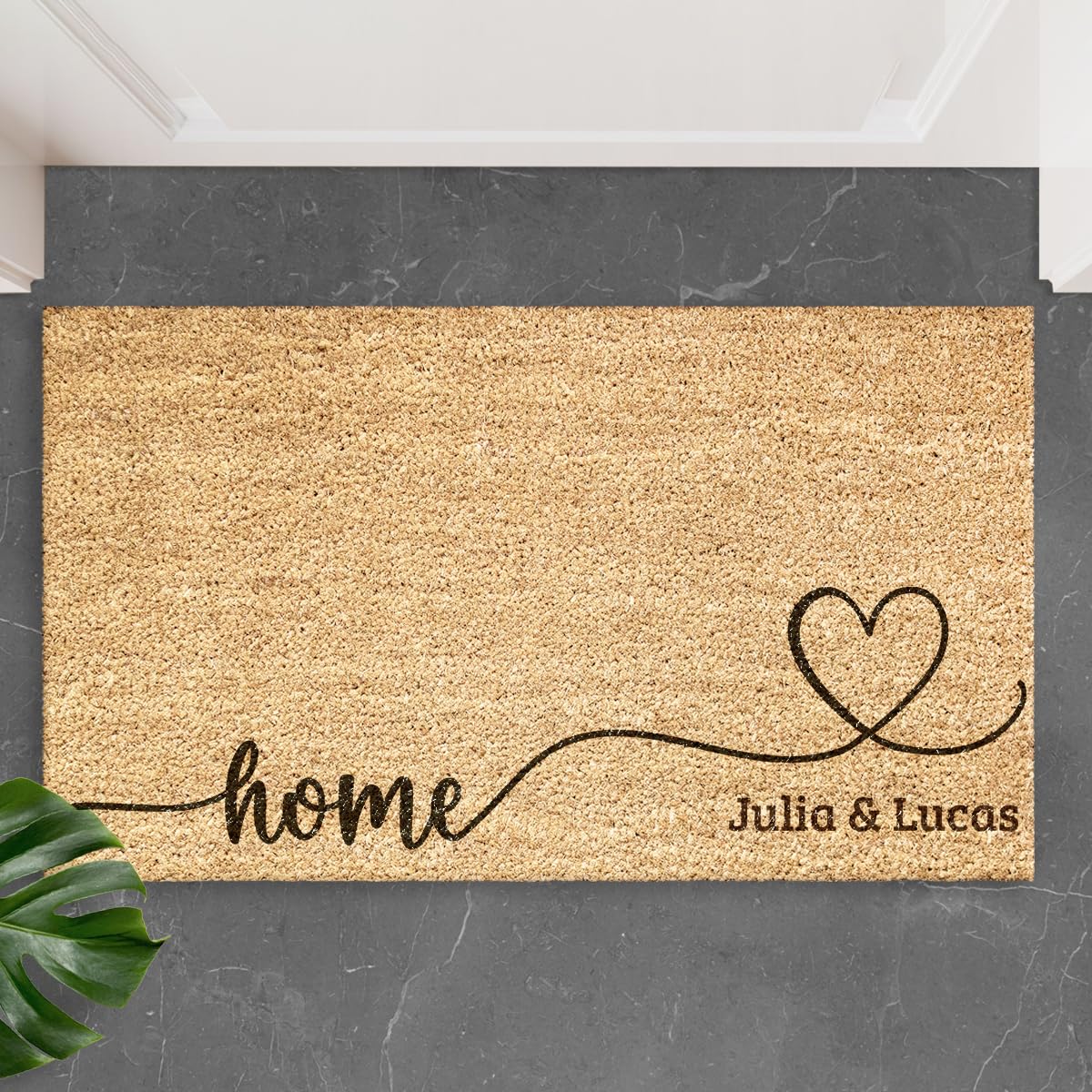 Transparent Gift Felpudo Personalizado con Nombres Lazo Corazón. Alfombras Personalizadas para Entrada de Casa. Decoración de Hogar. Regalos Originales para Familia. Fibra de Coco, Base Antideslizante