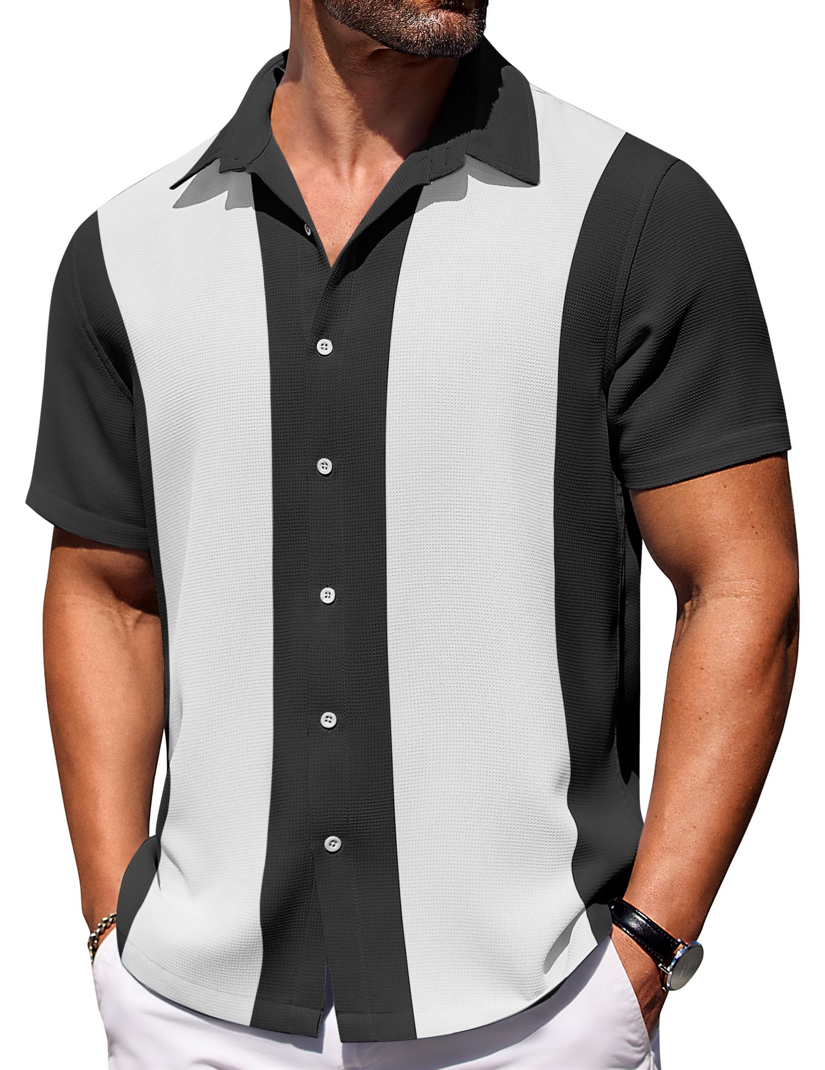 COOFANDY Mens Short Sleeve Button Down Shirts Waffle Shirt Casual Beach Summer Shirts Wrinkle Free Vacation Shirts