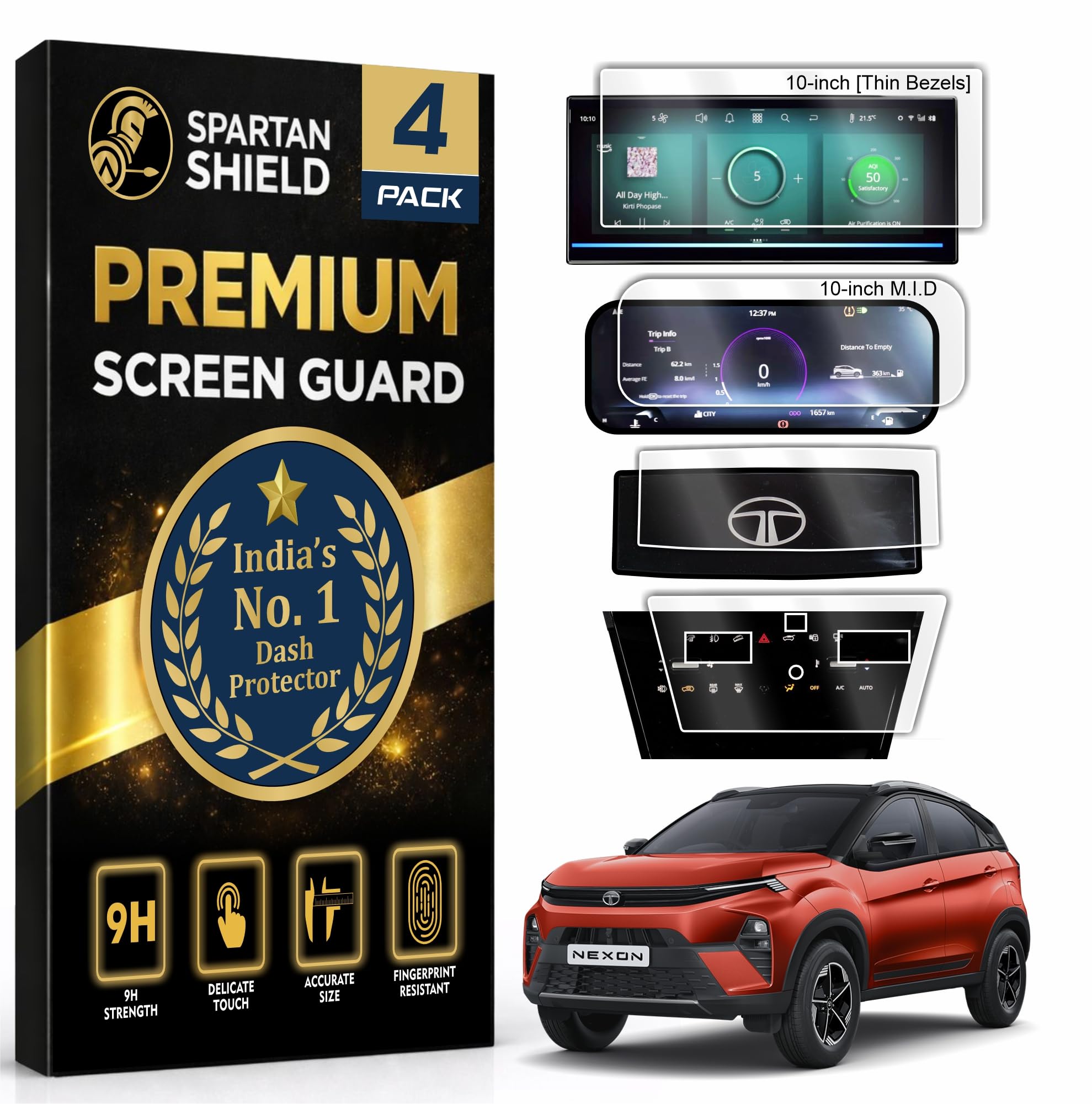 Spartan Shield {4 PACK) Screen Guard For NEW TATA NEXON || 10.25 INCH INFOTAINMENT [THIN CORNERS] + STEERING + 10 inches MID + AC PANEL Protector || Nexon Car Display Accessories [Not Tempered Glass]