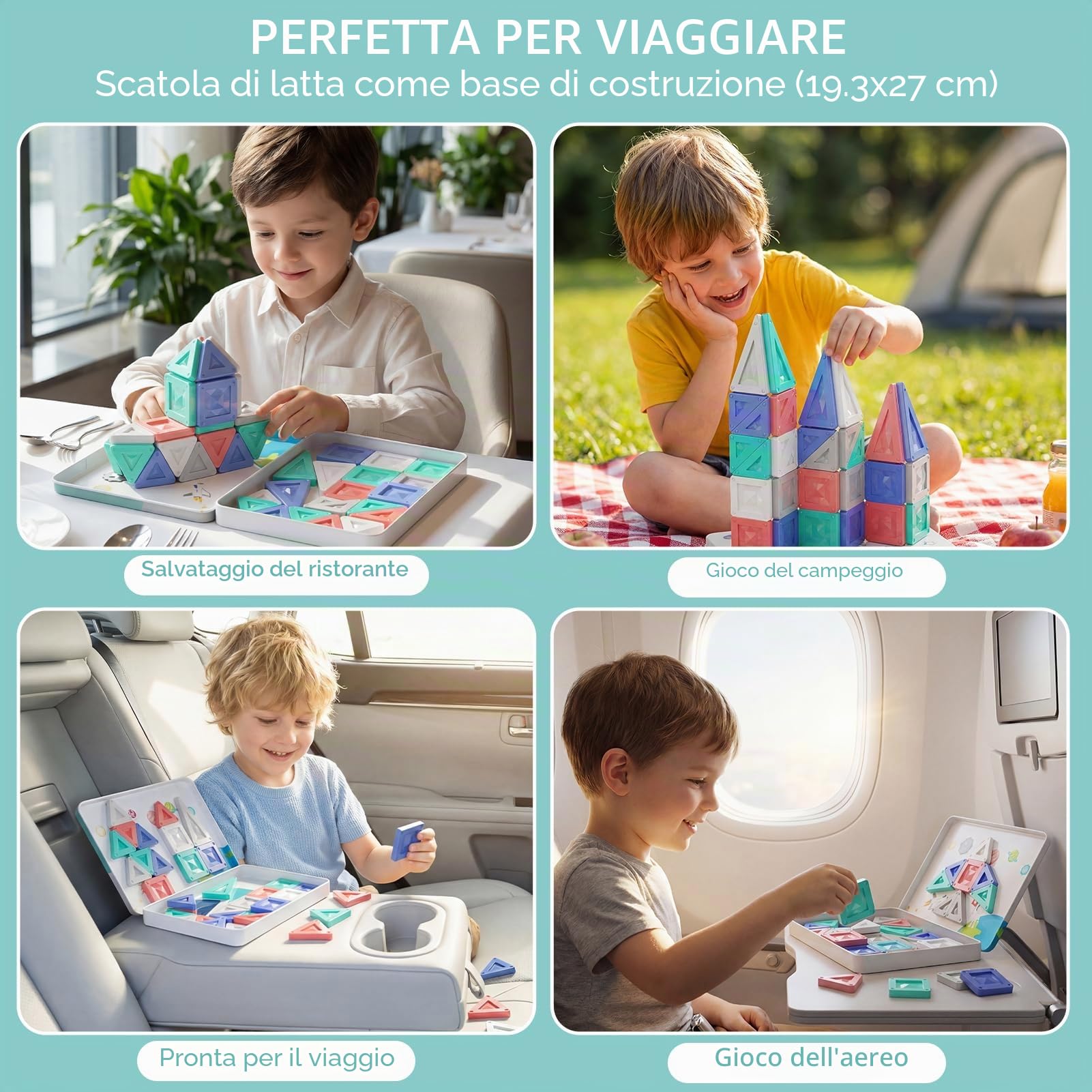 Mattoncini magnetici da viaggio a partire dai 3 anni, 40 pezzi di mattoncini magnetici Montessori, giocattolo educativo con scatola di stagno portatile e piastra di gioco integrata, mattoncini