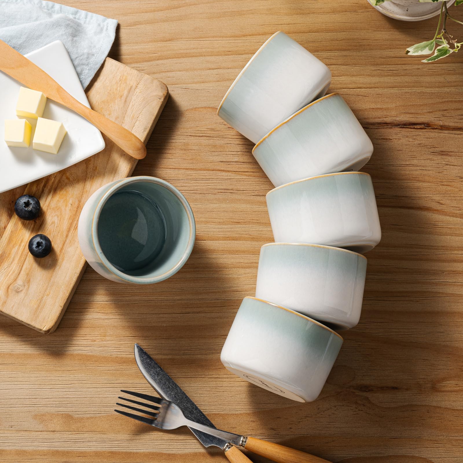 UNICASA Lot de 6 caissettes à soufflé en porcelaine pour crème brûlée, 240 ml, pour four et micro-ondes - Bleu