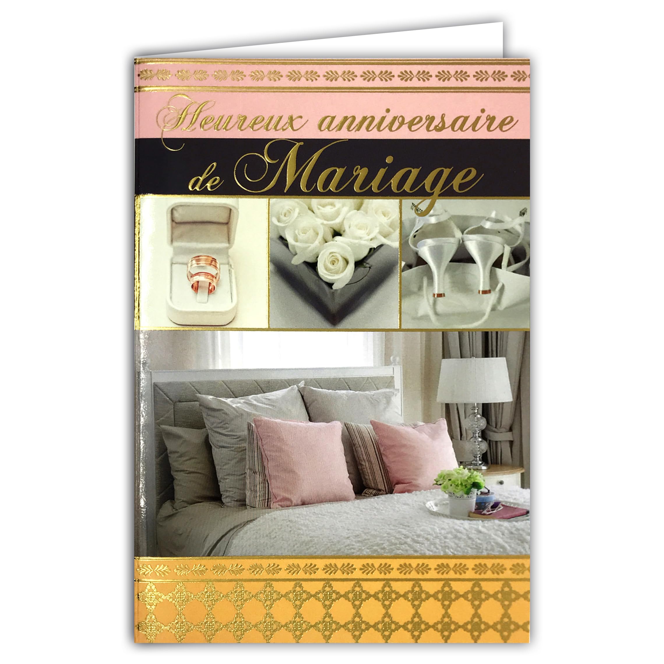 AFIE Happy Wedding Anniversary Card in Gold Gold Congratulations Wedding Couple Lovers Romantic Considerate Wedding Rings Pink White Envelope 12 x 17.5 cm 63-1012-A