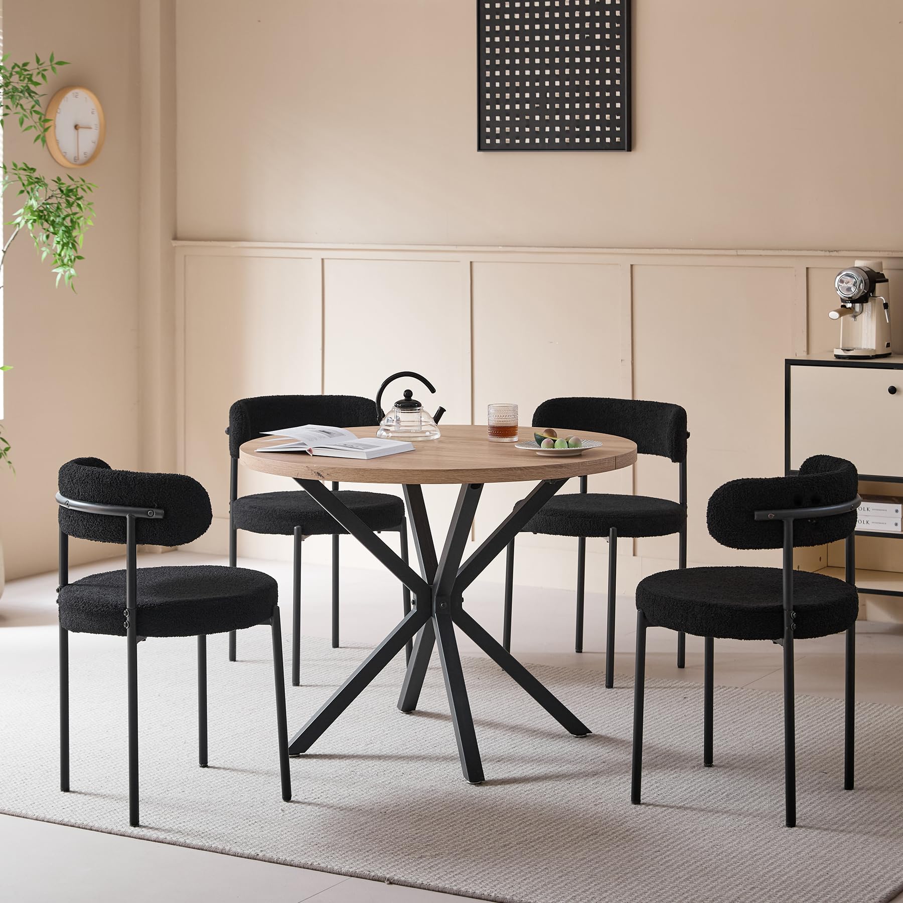 Essgruppe Set Tisch und Stühle, 100cm Runder Esstisch mit 4 Esszimmerstühlen, Tisch und 4 Stühle für Küche, Wohnzimmer, Balkon, Restaurant, Büro (Helle Holzfarbe+Schwarz)