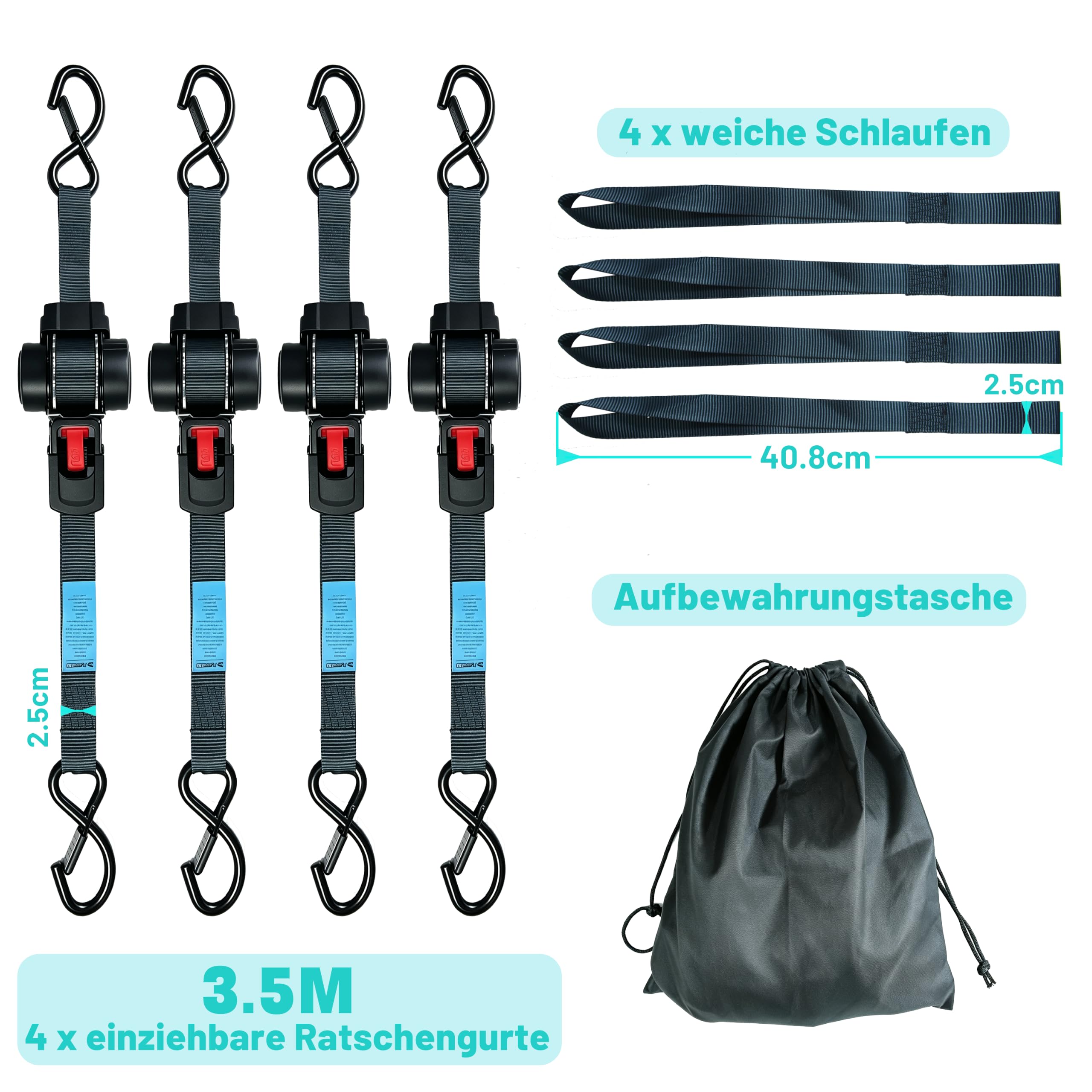 Confezione da 4 cinghie a cricchetto automatiche, 25 mm x 3,5 m, resistenza alla rottura di 681 kg, cinghie di carico resistenti con ganci a S rivestiti e passanti morbidi, per camion, rimorchi, moto