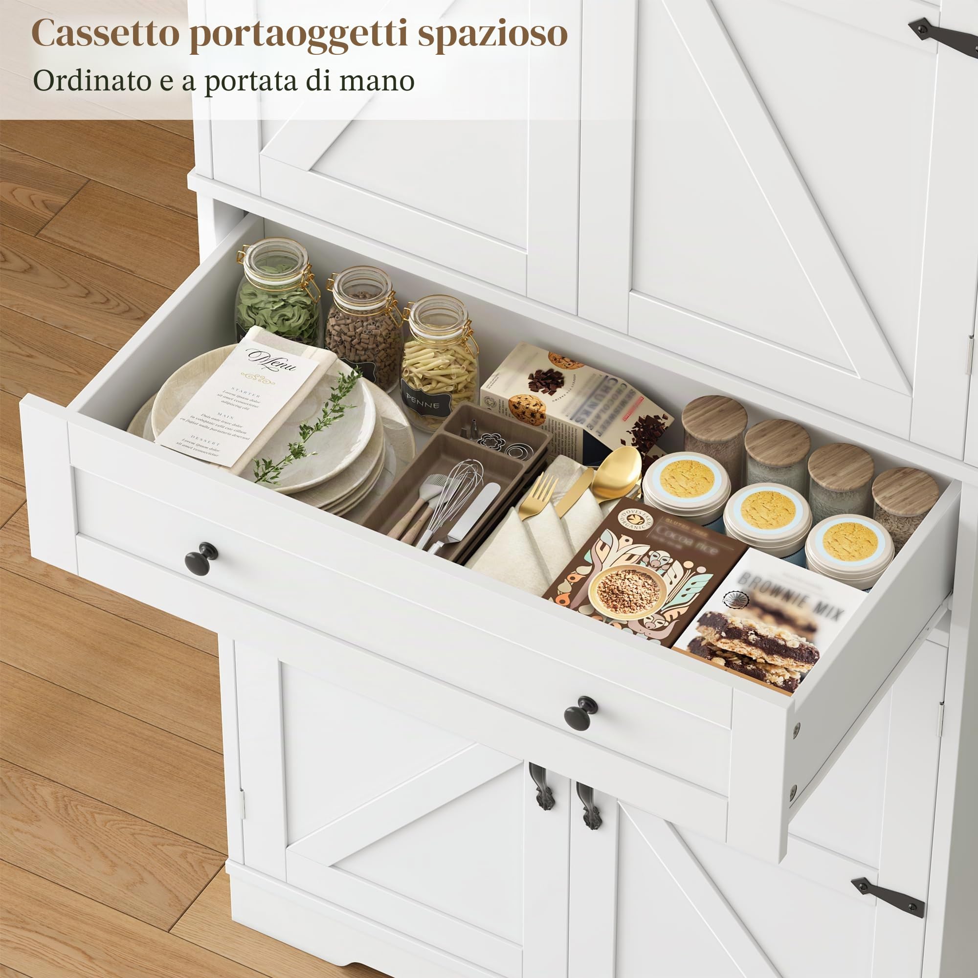 Credenza Cucina Alta, Mobile Dispensa Cucina, 4 Ante e 1 Cassetti