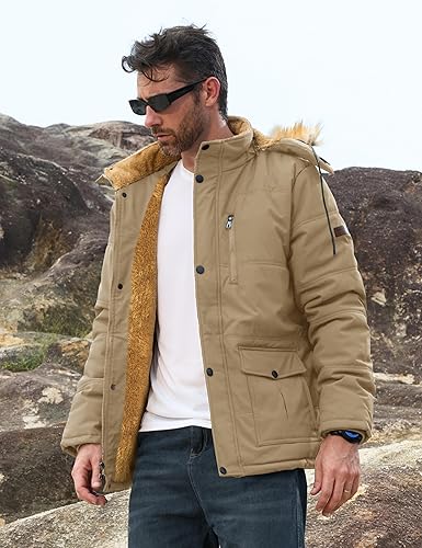 Miniatura 3 de MAGCOMSEN Chaqueta tipo parka con forro polar para hombre, chaqueta acolchada con capucha, abrigo de invierno cálido, chaquetas de piel gruesa,