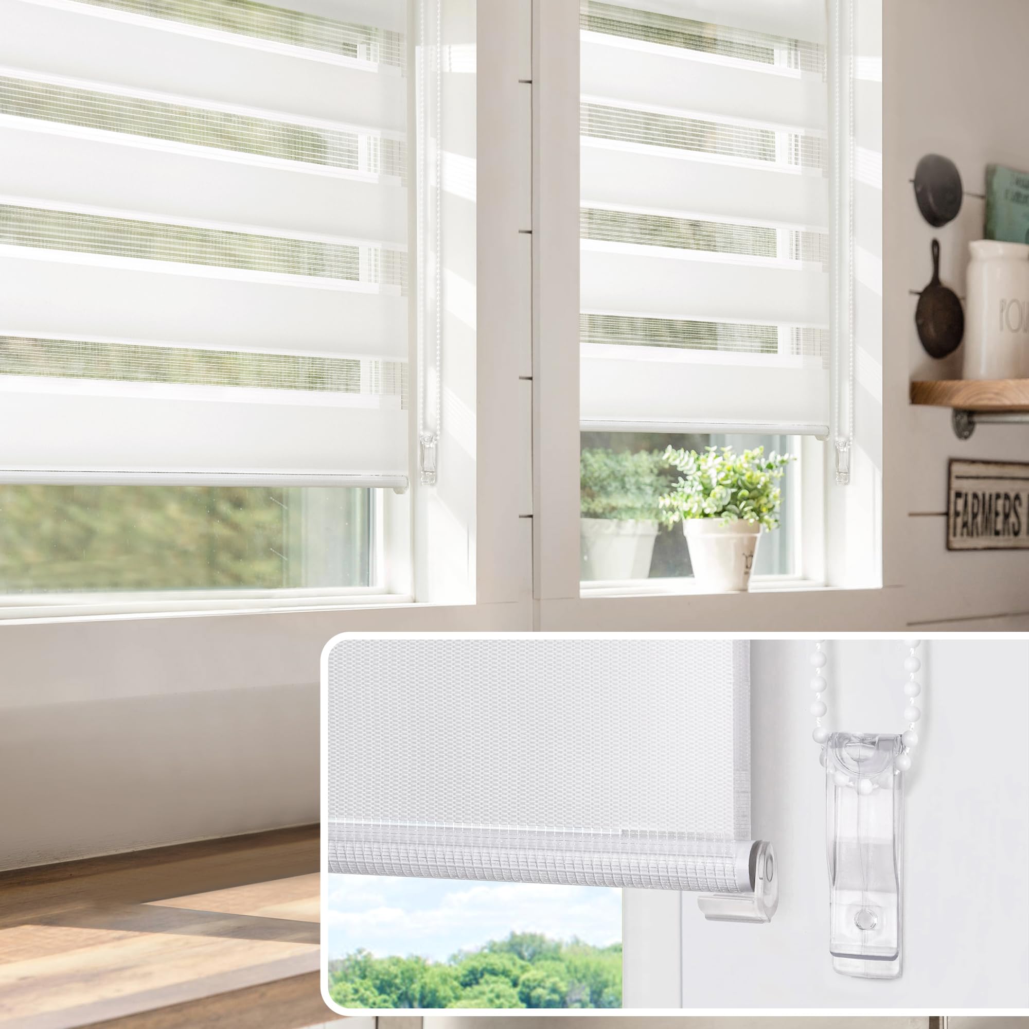 Victoria M. Premium Doppelrollo Klemmfix ohne Bohren & mit Bohren B140 x H175 cm Weiß, Duo Rollo Fensterrollo mit Kassette für Fenster & Türen, Klemmrollo Sonnenschutz Lichtdurchlässig & Verdunkelnd