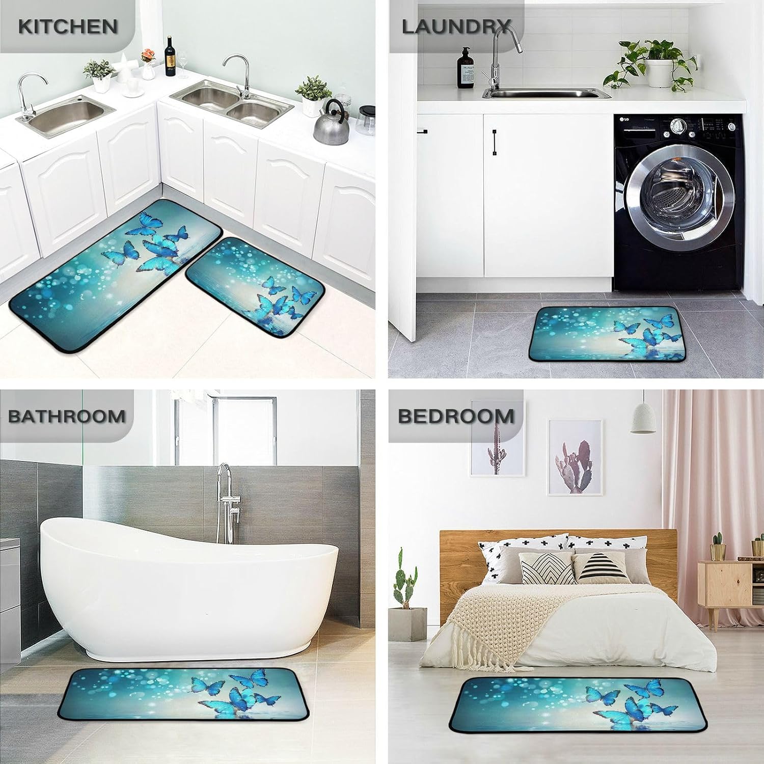 Blue Butterfly (5) Kitchen Rugs Set of 2, Cushioned Anti Fatigue Kitchen Mats Non Slip Washable, 19.7"x47.2"+19.7"x27.6"