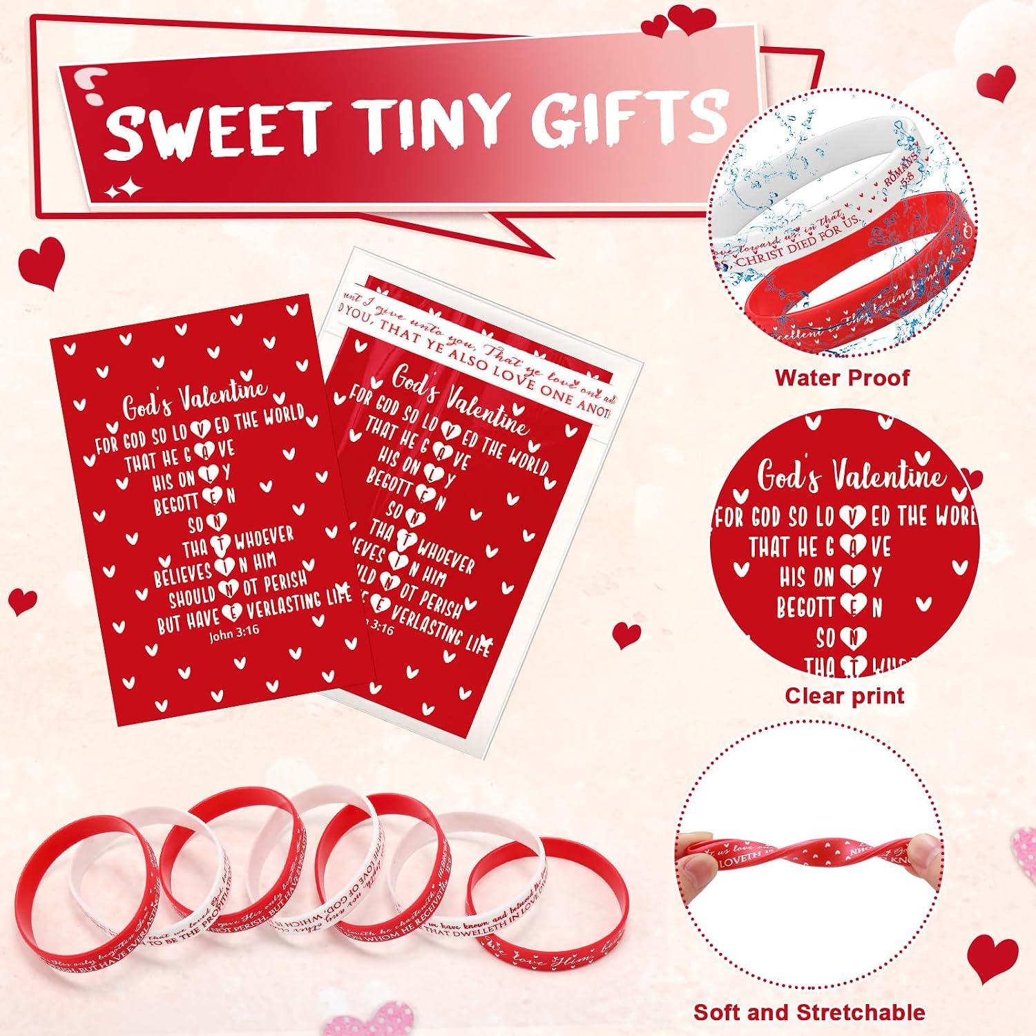 120 Sets Christian Valentine's Day Gift Religious Cards with Bracelet, John 3:16 Rubber Bible Verses Bracelet Wristbands Jesus Loves Card Valentine's Day Party Exchange Gift for Women Men