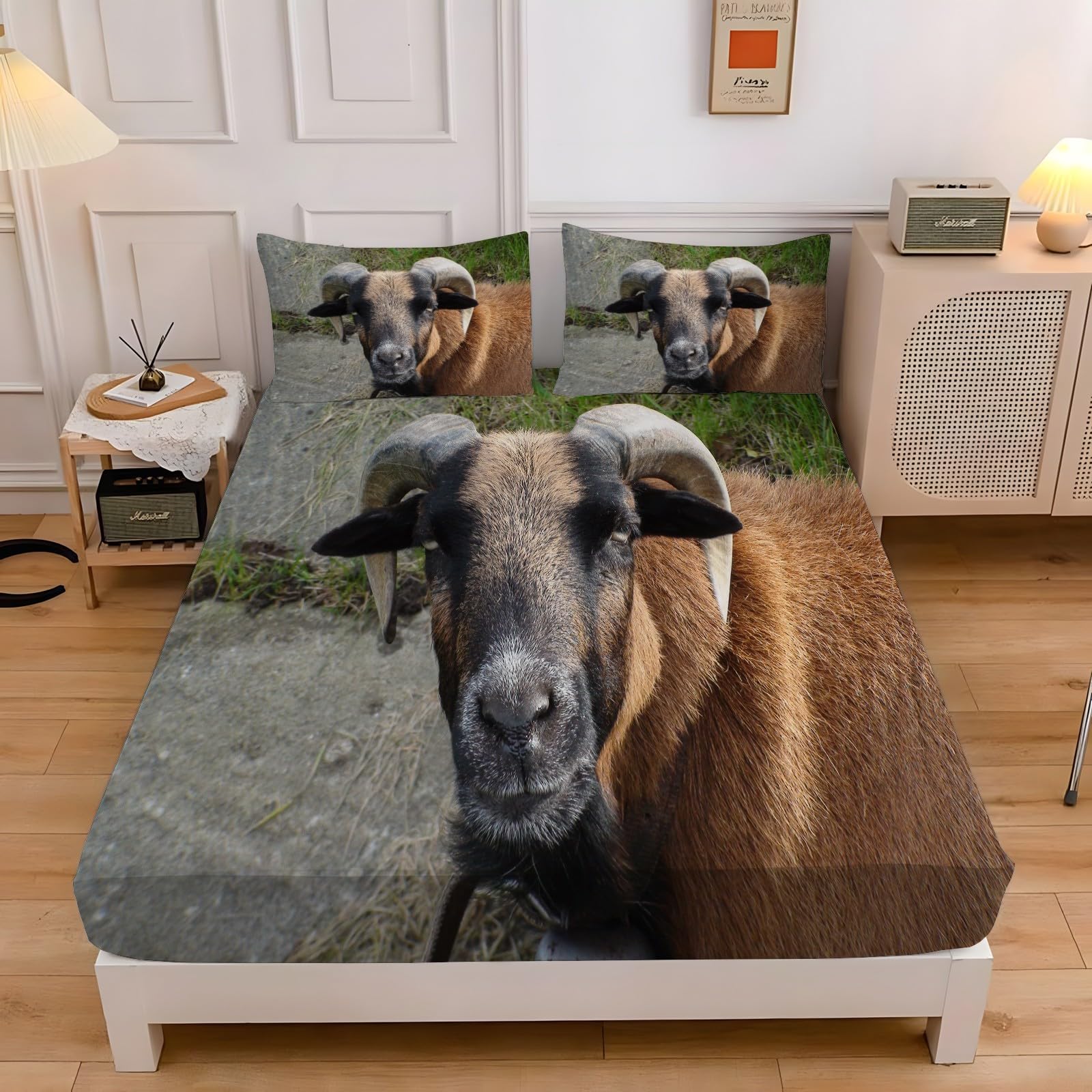 Amazon｜ボックスシーツ シングル ヤギの動物 ベッドカバー 100×200cm