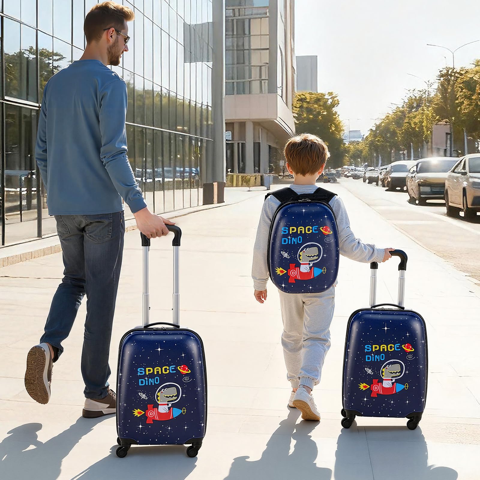 VEVOR Valise Enfant 32x23x45 cm Bagage Enfant 2 PCS avec Valise Cabine à roulettes Pivotantes pour Enfants Fille Garçon et Sac à Dos Motif Dinosaure Coque Rigide, Approuvée par Compagnies Aériennes