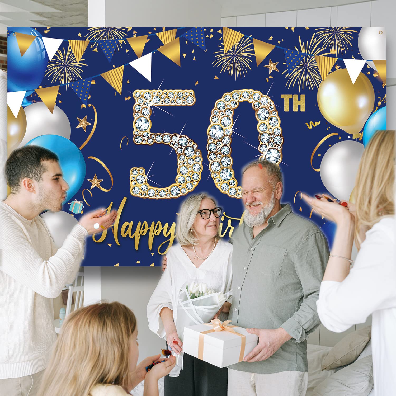 Large Happy 50th Birthday Banner Backdrop - Blue & Gold, 9.8ft X 1.8ft For Party Wall Decor - View #3