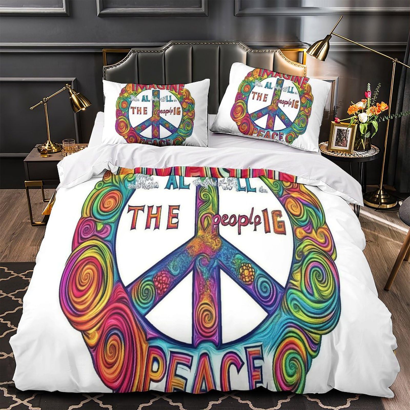 Parure de lit symbole de la paix 3D pour une chambre d'ado psychédélique et moderne