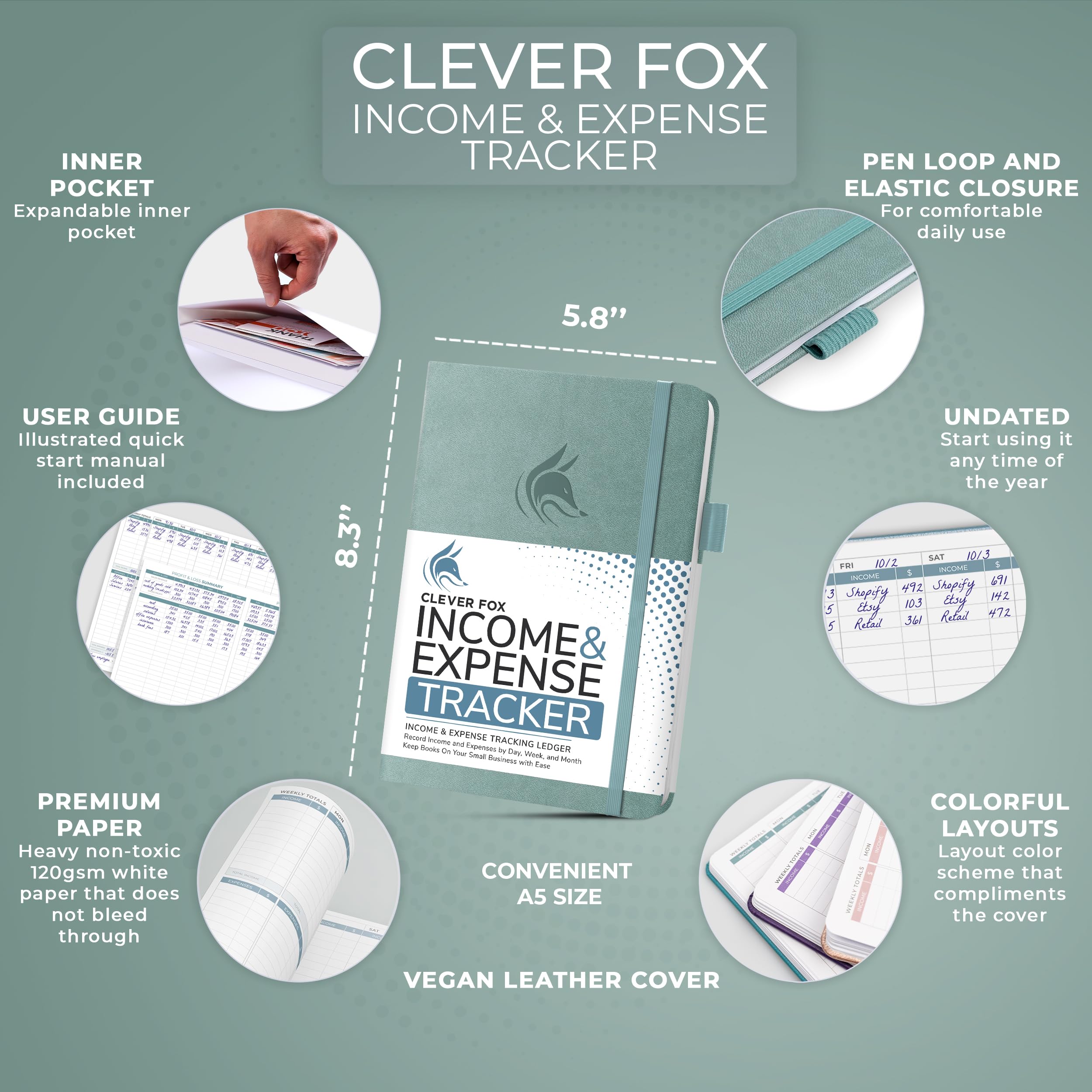 Clever Fox Income & Expense Tracker - Accounting & Bookkeeping Ledger Book for Small Business - 1-Year Record Notebook, A5 (Blue Surf) - Image 2