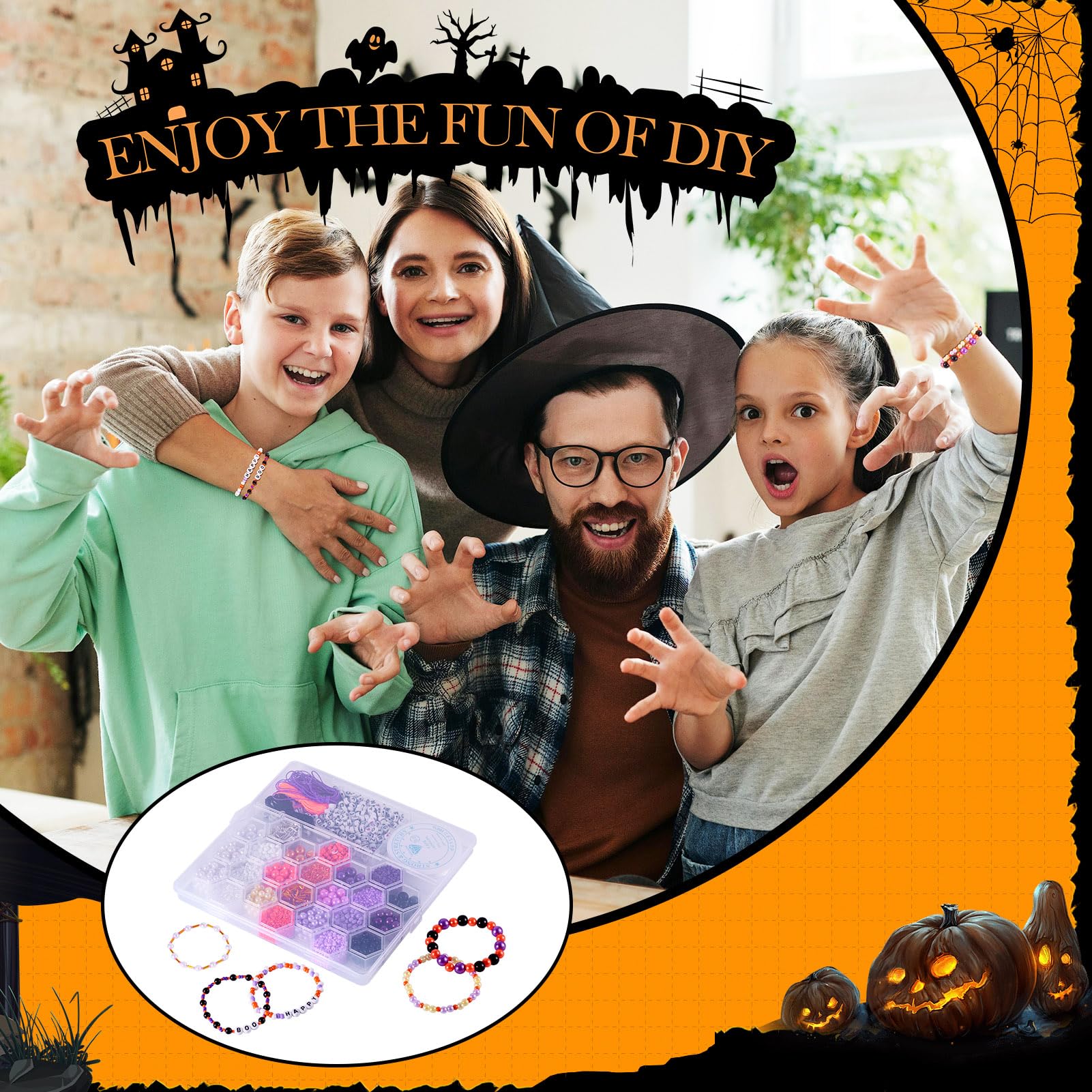 Boutigem Kit de fabricación de joyas de ABS y cuentas acrílicas de Halloween, 24 estilos de cuentas planas redondas de tubo de arroz con pinzas de tijera, cordón de cristal, decoración de Halloween