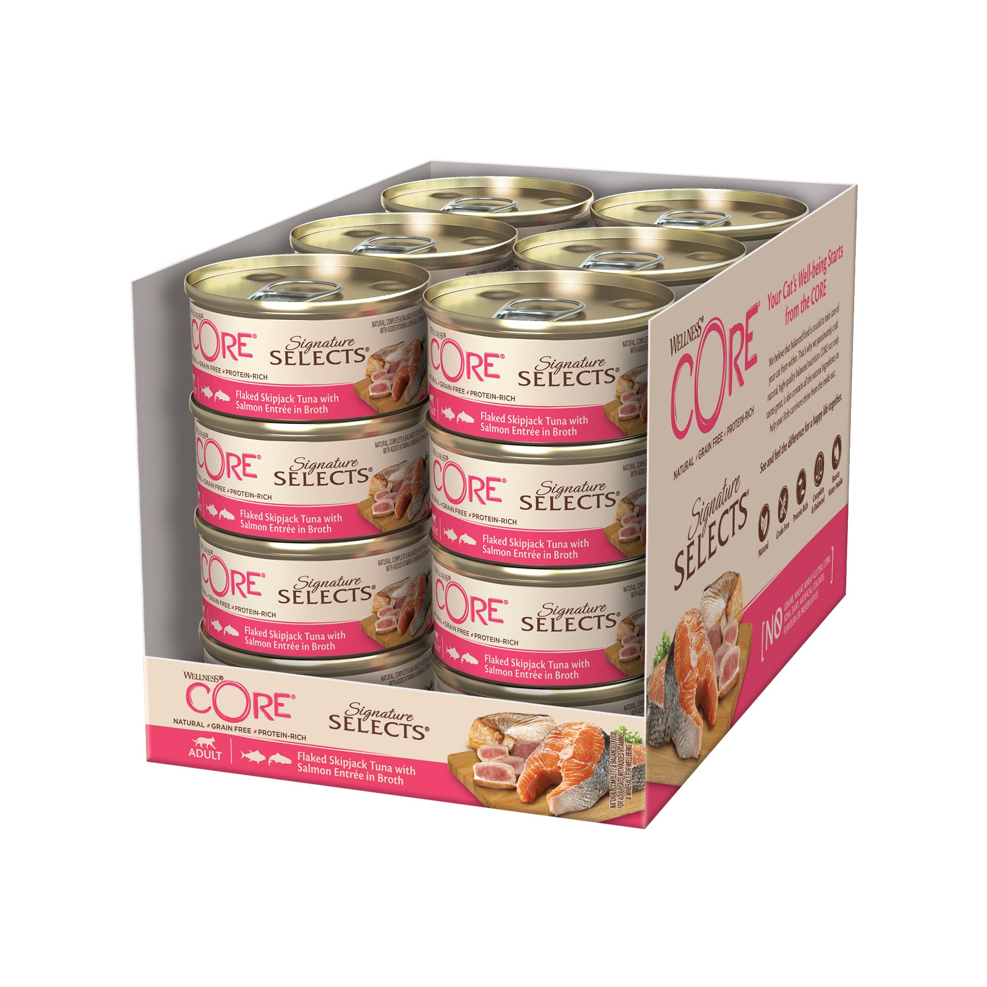 Wellness CORESignature Selects, 24 x 79g, Flaked Skipjack Tuna & Salmon, Wet Cat Food, Delicious Flakes in Broth, All-Natural, Grain-Free, High Meat Content, Protein-Rich, No Added Sugar