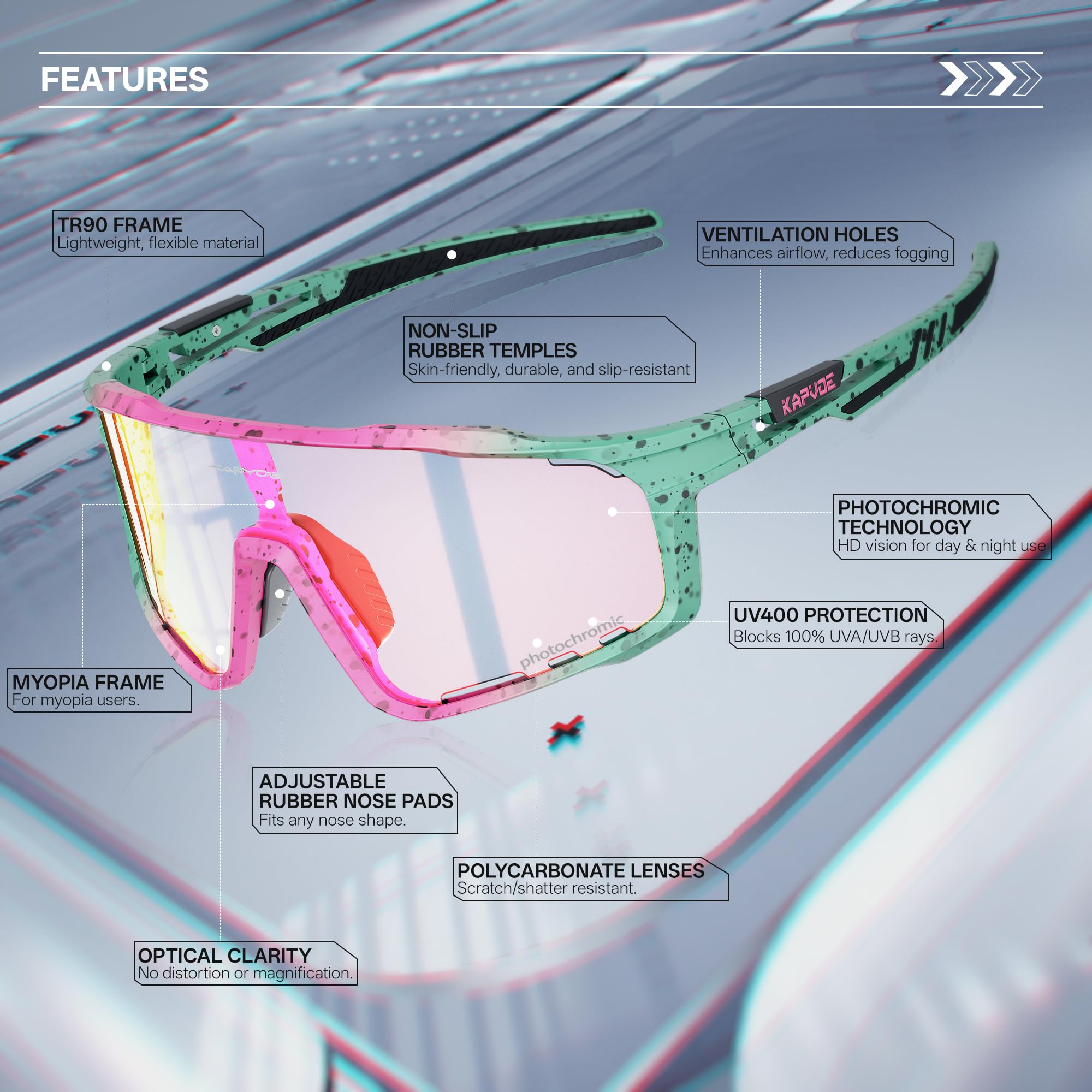 KAPVOE Gafas de Ciclismo Hombre Mujer K76 | Montura TR90, almohadilla nasal ajustable para ciclismo.
