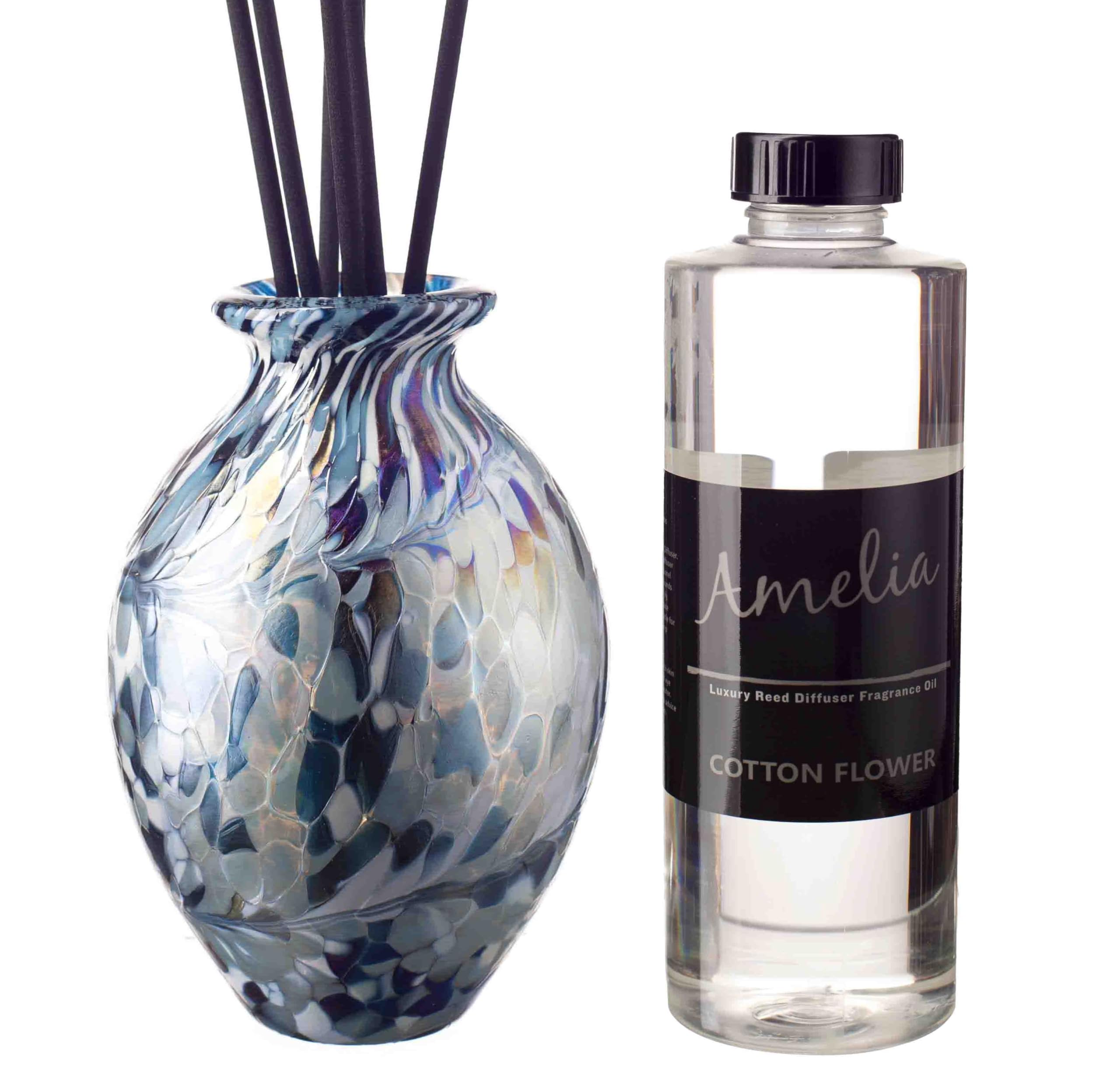 Turquoise and White Mouth Blown Glass Reed Diffuser Gift Set with Cotton Flower Fragrance Oil