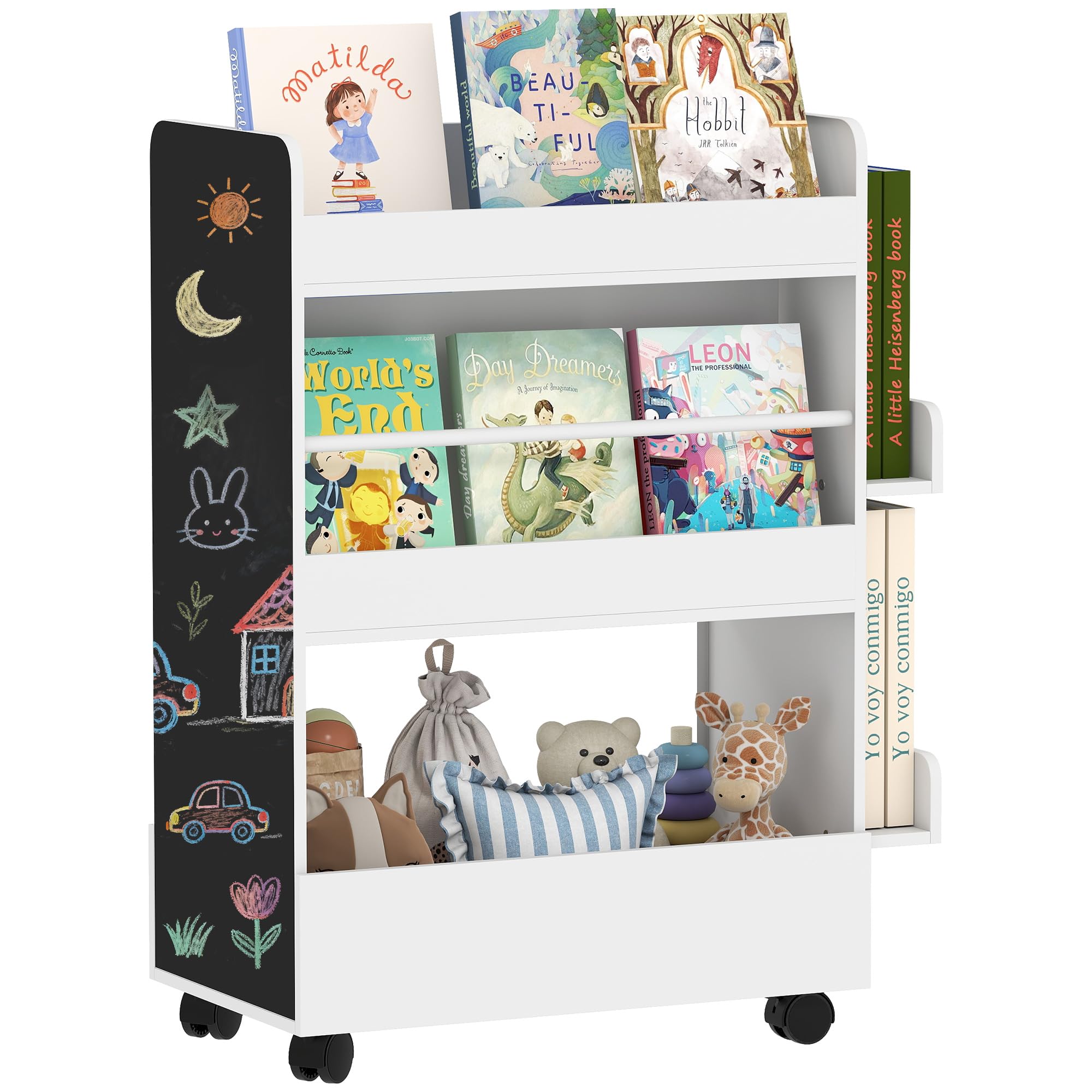 AIYAPLAY Kinder Bücherregal, Kinderregal mit 4 Regalen Bodenfach 2 Seitenteile, doppelseitiges Kinderbücherregal mit Tafel Rollen, für Kinderzimmer Spielzimmer, für 3–8 Jahre, 66,5x32,5x86,5 cm Weiß