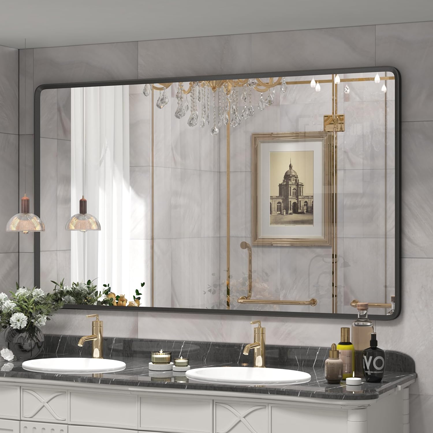 66x40 Inch Black Matte Framed Mirror for Bathroom, Rounded Rectangle Mirror, Bathroom Vanity Mirror for Wall, Anti-Rust, Shatterproof (Horizontal/Vertical) Black 66x40
