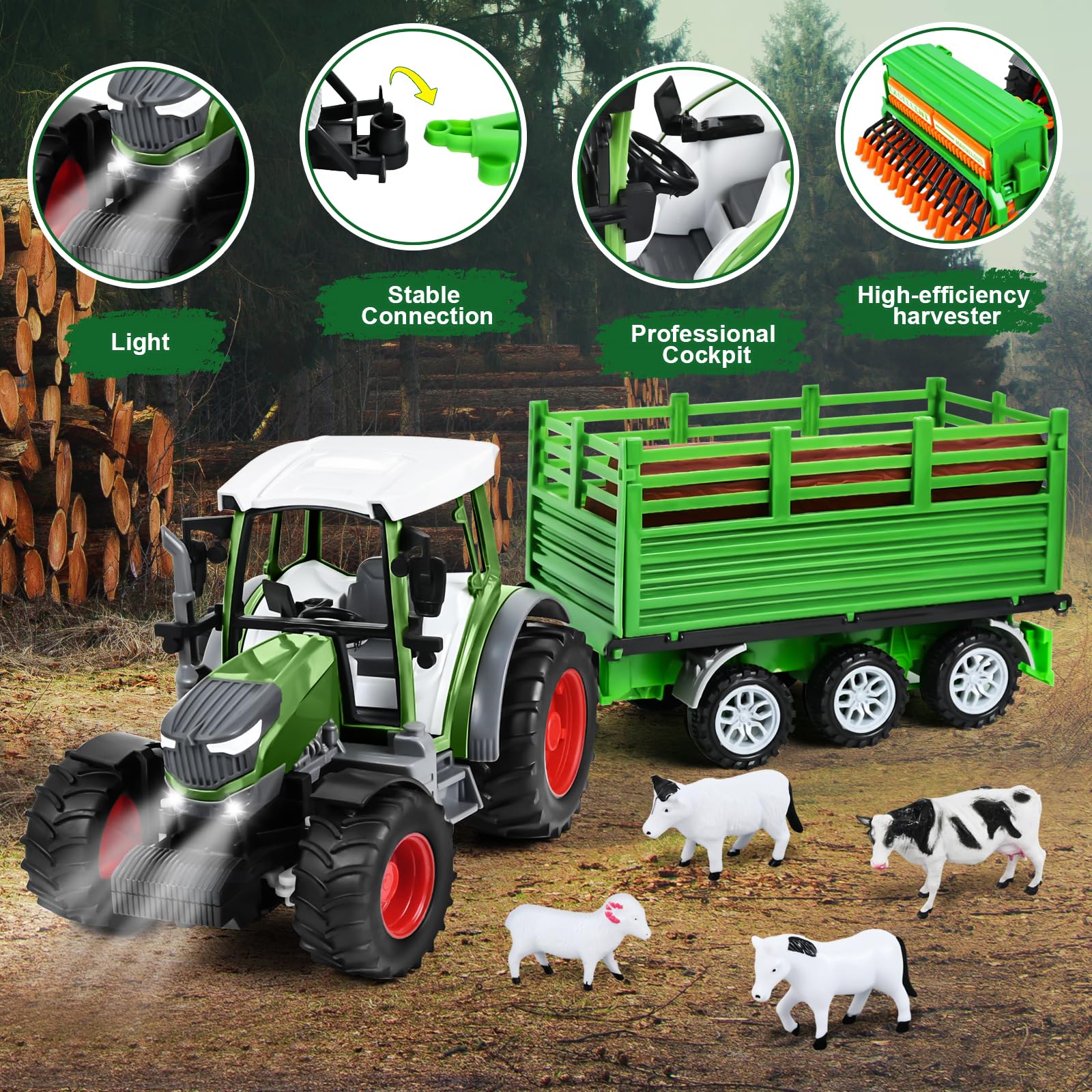 PATEMZON RC Trattore Telecomandato per Bambini, Trattore Agricolo con Aratro e Luce, Set di Trattore Radiocomandato con Rimorchio Giocattolo, Mucca, Pecora, Troncs d'Arbre e Balle, Verde
