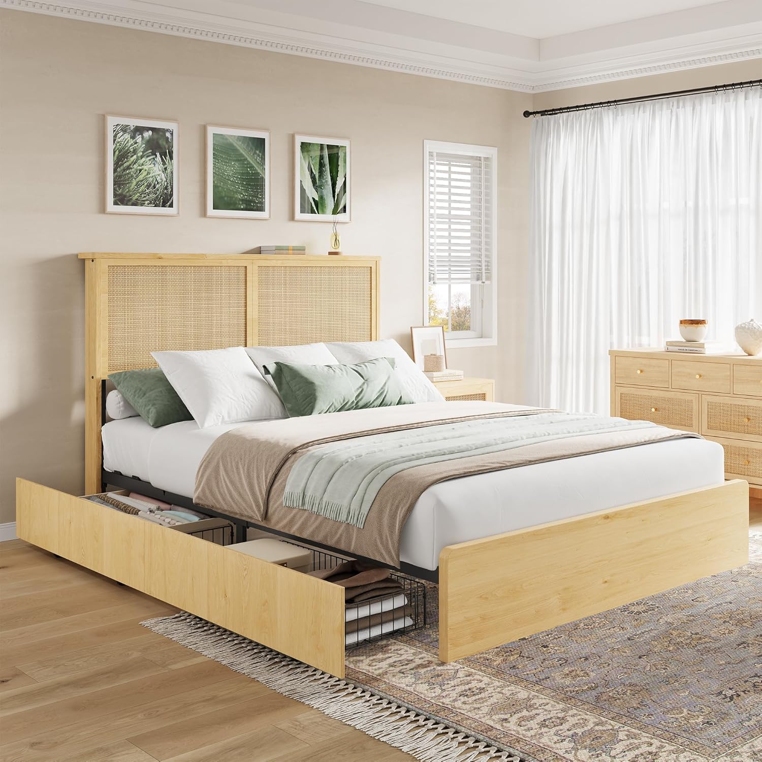 Garvee Queen Size Rattan Bed Frame with 4 Drawers, Bohemian Queen Rattan Bed Frame with Natural Headboard, Platform Queen Size Bed with Wooden Legs, LED Lights, No Box Spring Needed