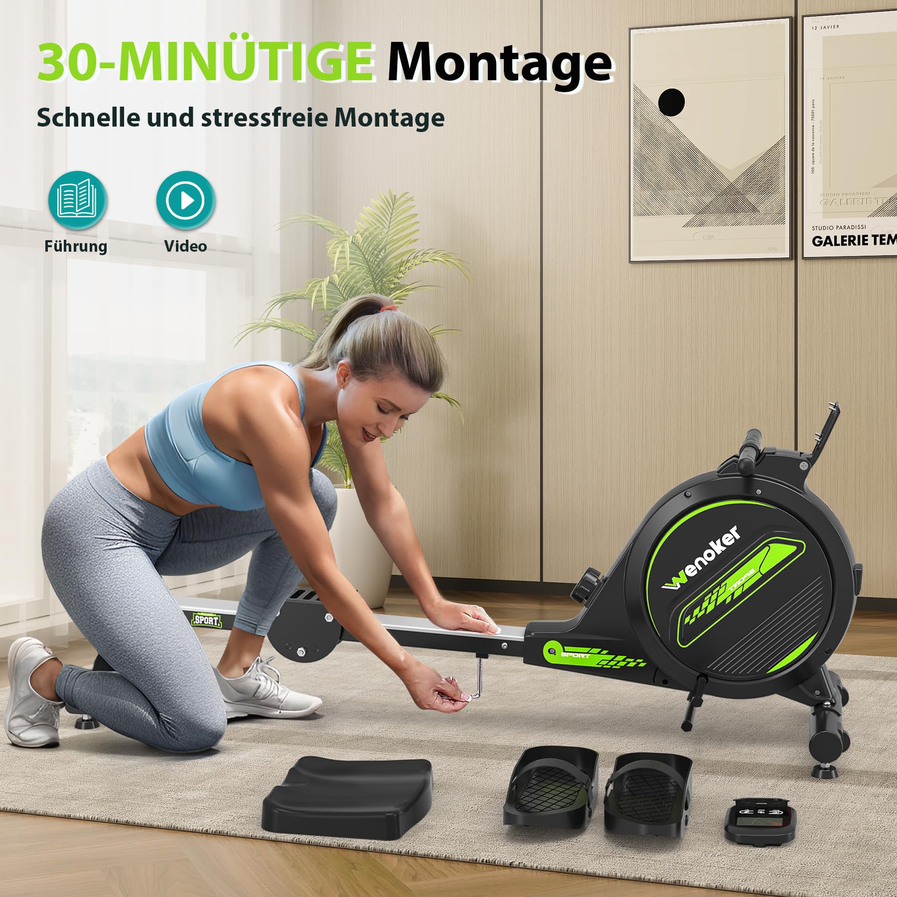 WENOKER Magnetisches Rudergerät für Zuhause: <30dB Leises Fitnessgerät für Wohnungen, hochkant gelagert & Platzsparend mit 160kg Tragkraft, App-Anbindung (Kinomap) & 16 Widerstandsstufen