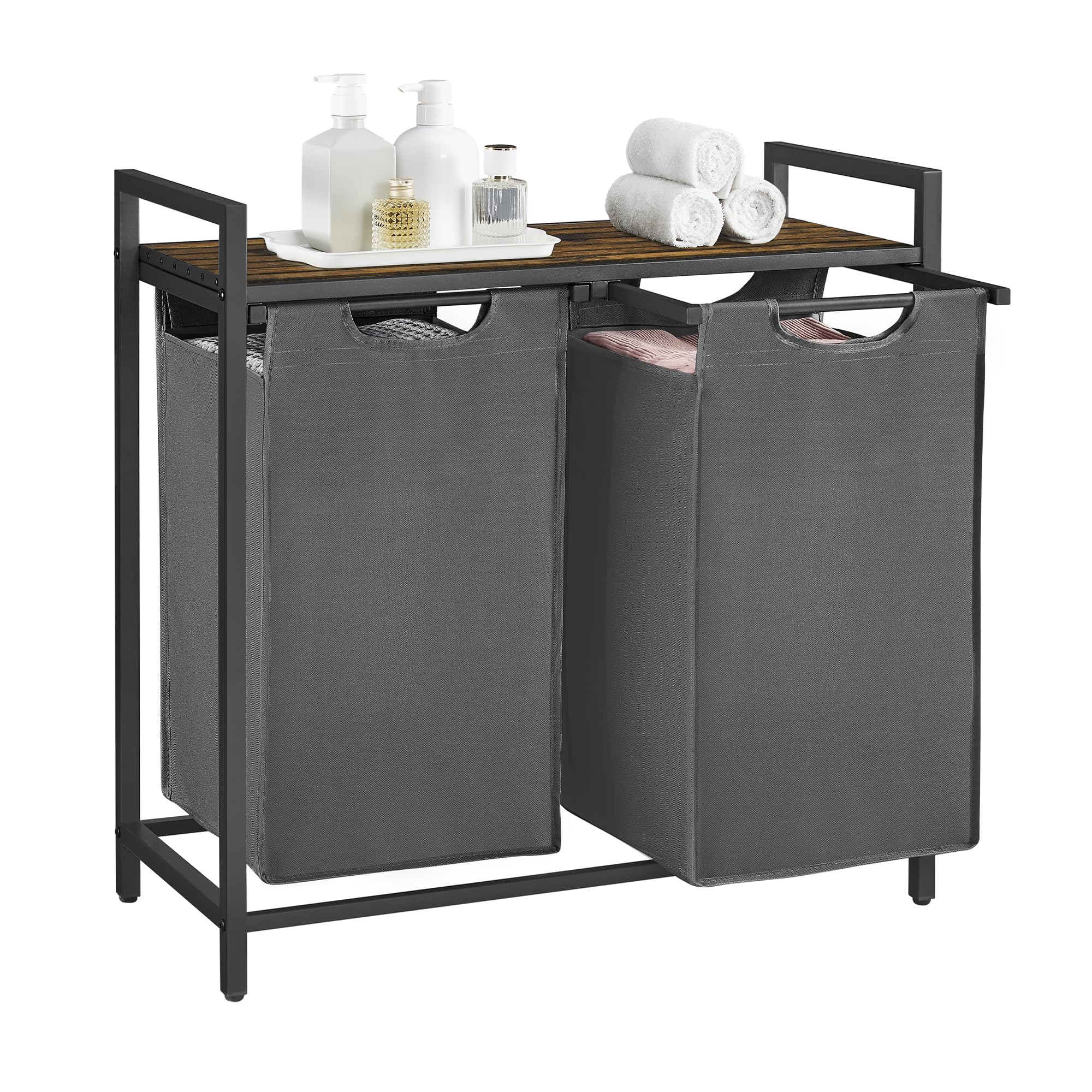 VASAGLE Laundry Basket, 2-Compartment Laundry Hamper, Pull-Out and Removable Liner Bags, Clothes Sorter, Shelf, Metal Frame, 2 x 46 L, 73 x 33 x 72 cm, Slate Grey and Rustic Brown BLH201G01