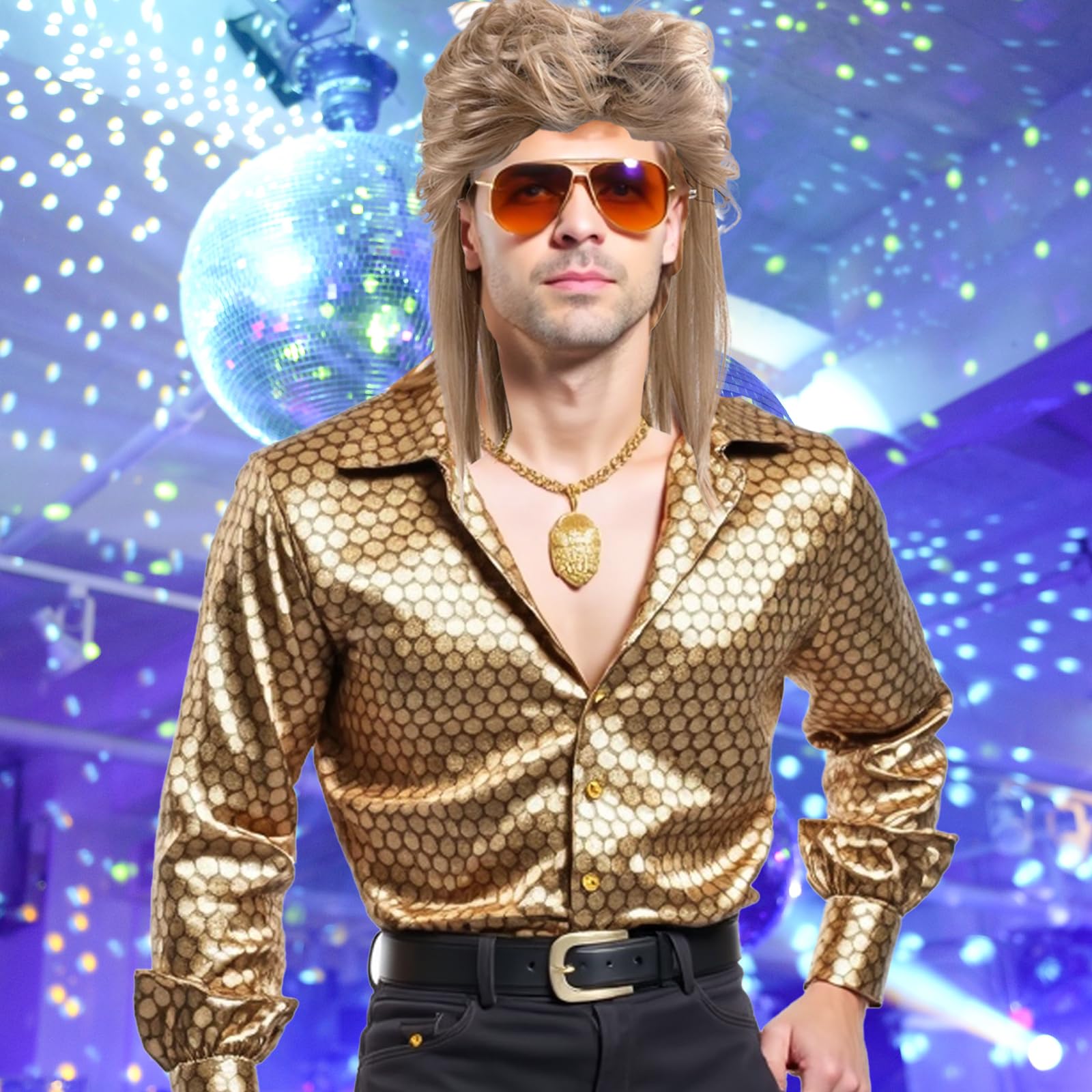 Kit Années 80 Mulet Homme – Perruque Mullet Blonde + Lunettes + Collier Chaîne + Fausse Moustache – Déguisement Fête Rétro Complet