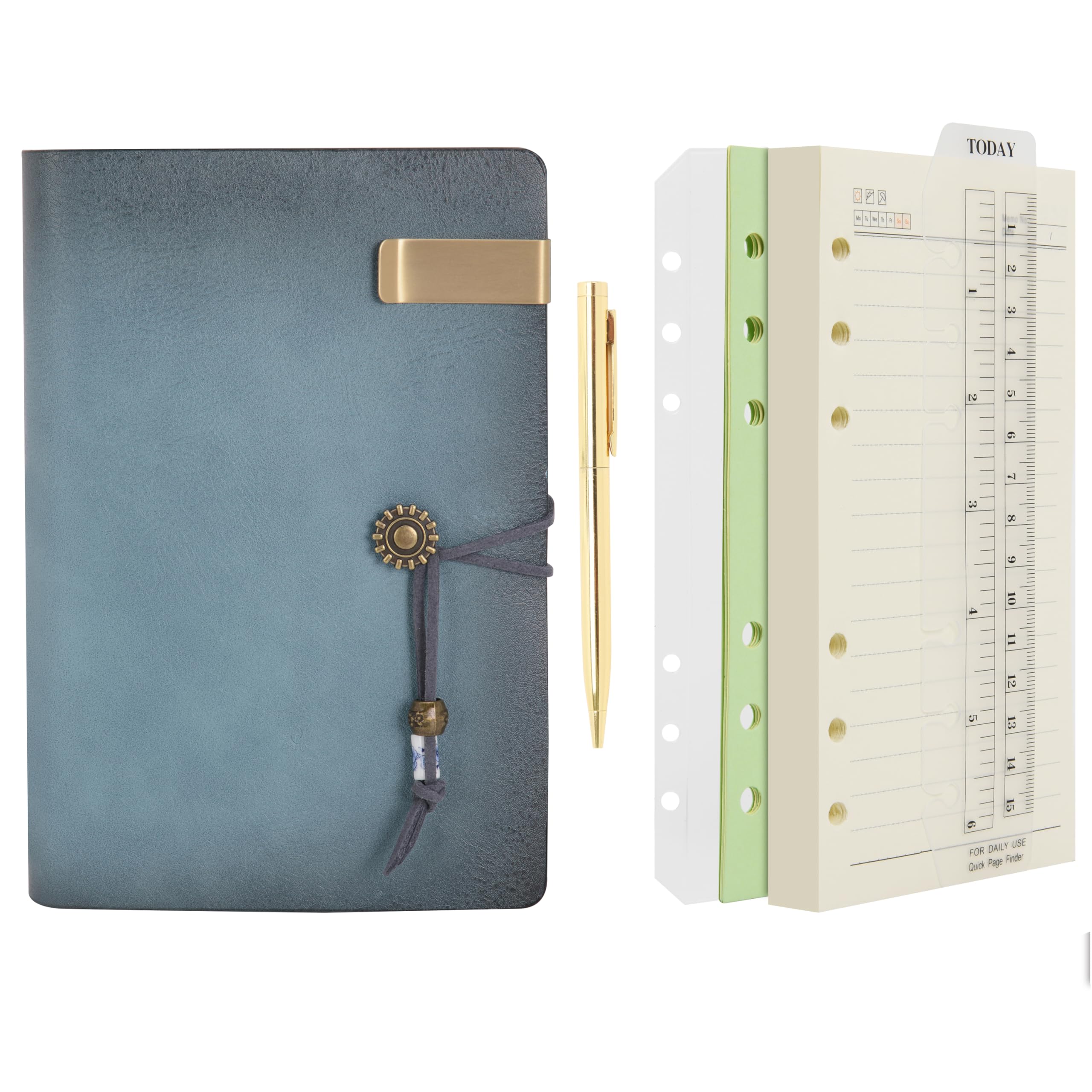 Wonderpool Leather Journal Lined Paper Notebook & Pen - Refillable 6 Ring Binder Writing Spiral Diary with Ruled Notepads Vintage Cover for Office