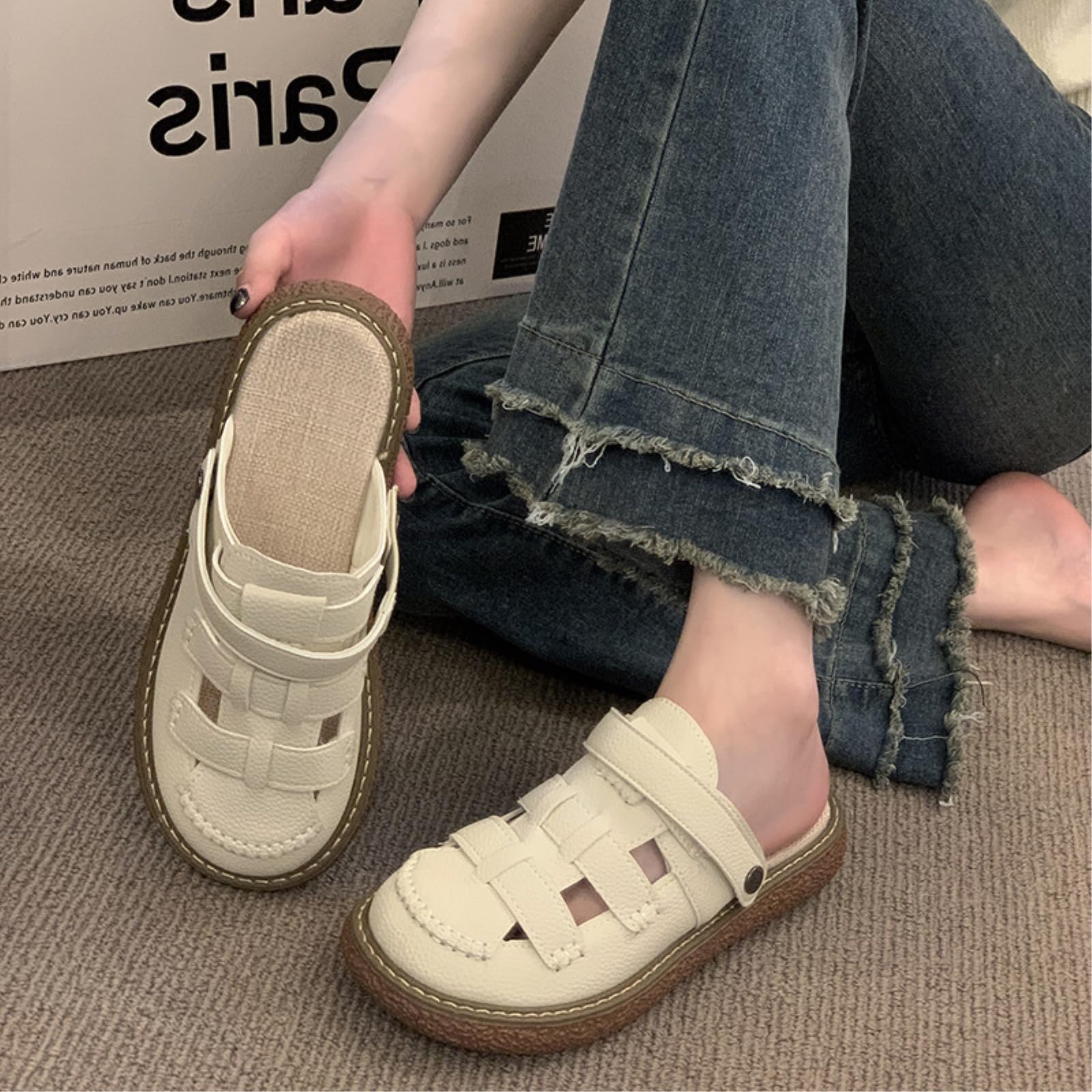 Zoccoli Sanitari Donna 2-Way Cave Pu Mule Slides, Chiuso Toe 3cm Sandali di Piattaforma in Gomma con Fodera per L'indossamento Giornaliero Estivo-beige-35
