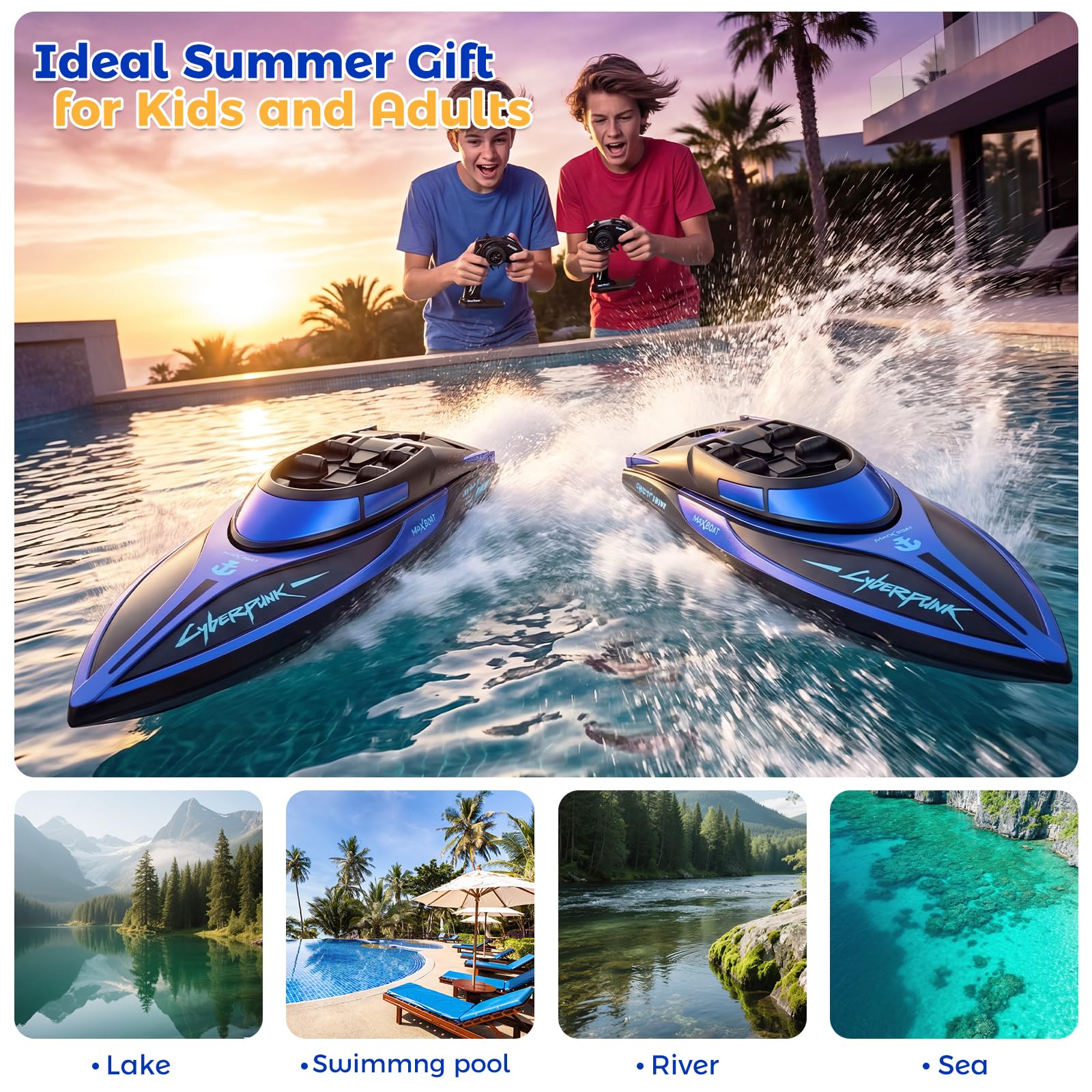 Coikes Barco Teledirigido Barcos RC con luz LED Barco de Control Remoto 2,4 GHz Barco De Carreras Rápido para Niños y Adultos Juguete de Piscina Barco Eléctrico para Mares, Piscinas y Lagos