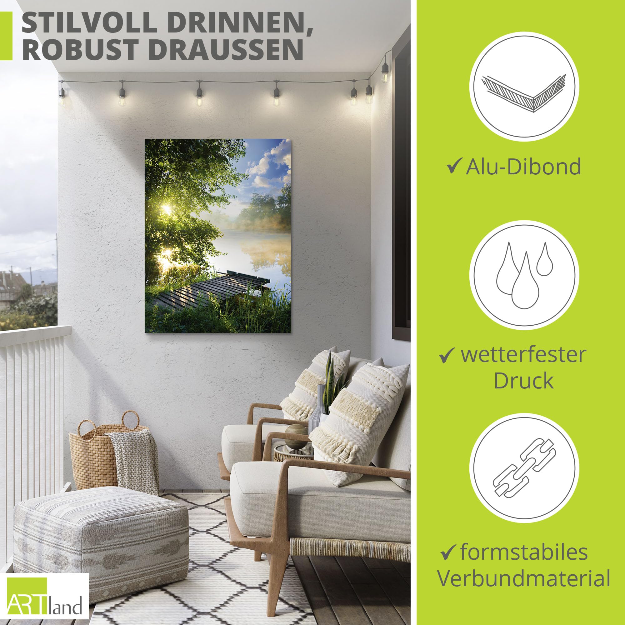 ARTland Wanddeko Wandbild Alu Verbundplatte für Innen & Outdoor Bild 60x80 cm Natur Landschaft Wald Baum See Steg Sommer Sonne Gräser T0WD