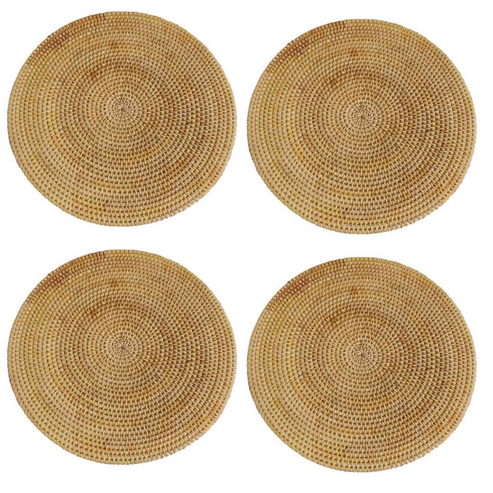Hndhbfgrt 4X Handwoven Rattan Placemats,Round Wicker Table Mats, Natural Woven Placemats for Dinner Table,Heat Mats