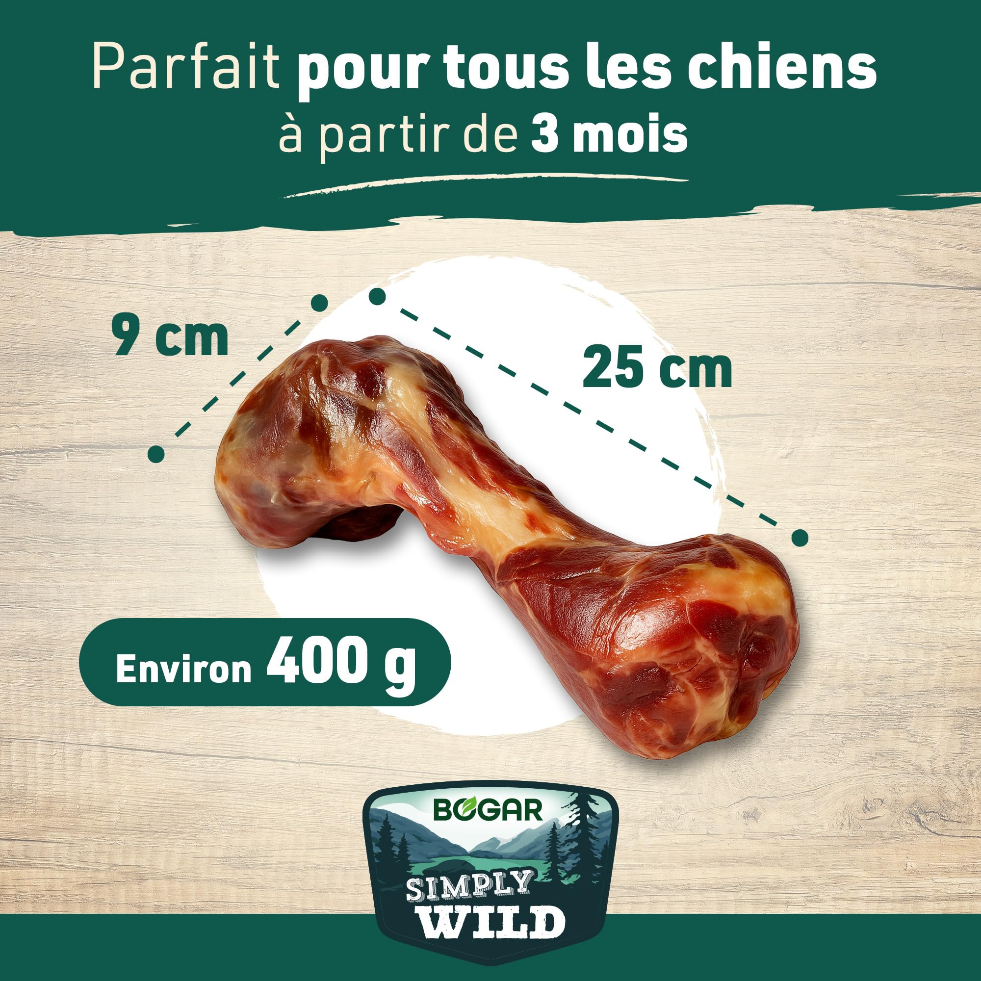 Bogar - Simply Wild - Friandises pour Chien - Nourriture pour Chiens en Complément de l'Alimentation Habituelle - Friandise sous forme d'Os de Jambon - 100% Fémur de Porc Séché - Aide à la Mastication