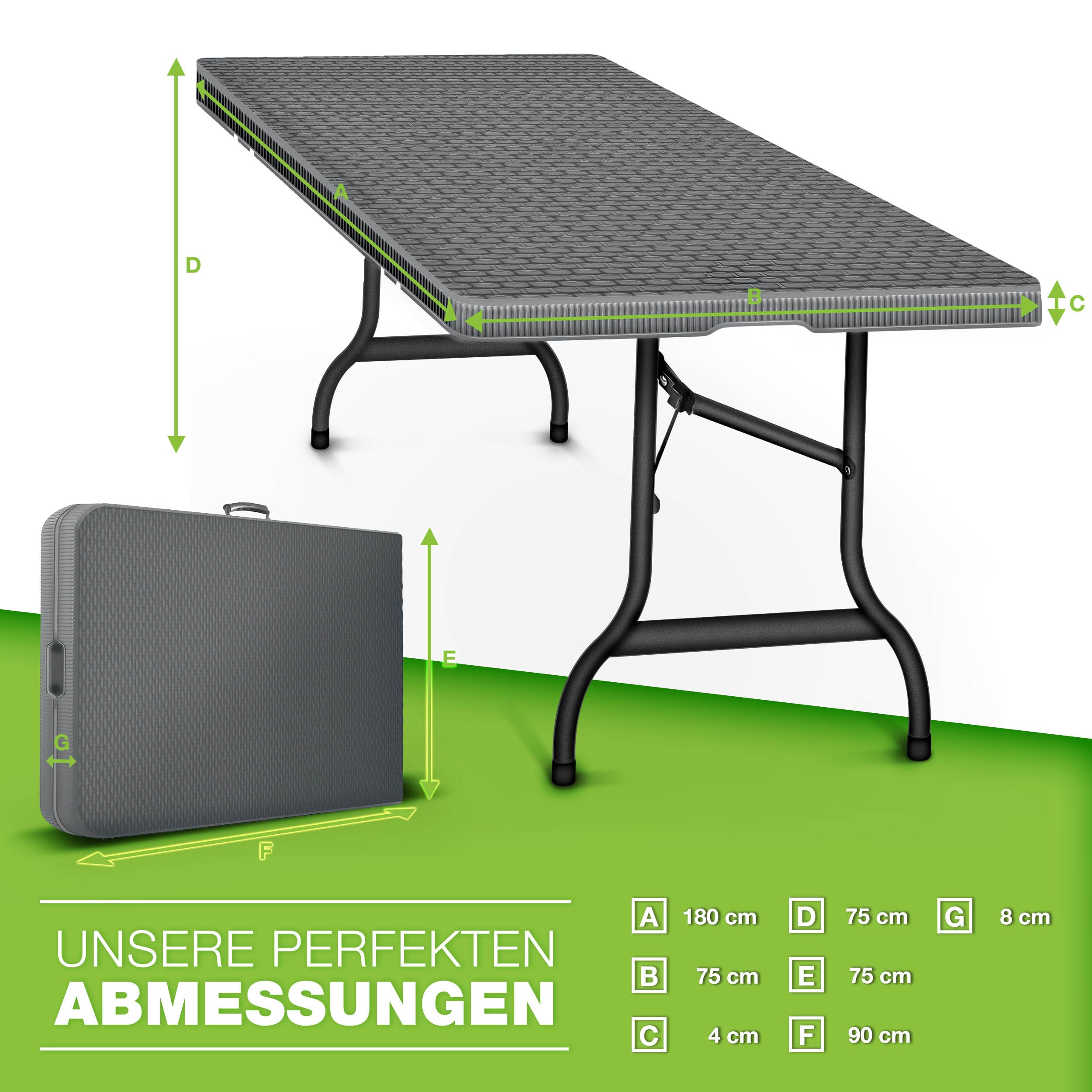 tillvex Gartentisch klappbar Rattan Optik 180x75cm | Buffettisch mit Tragegriff | Klapptisch für Garten Terrasse und Balkon | Campingtisch 6 Personen (Anthrazit)