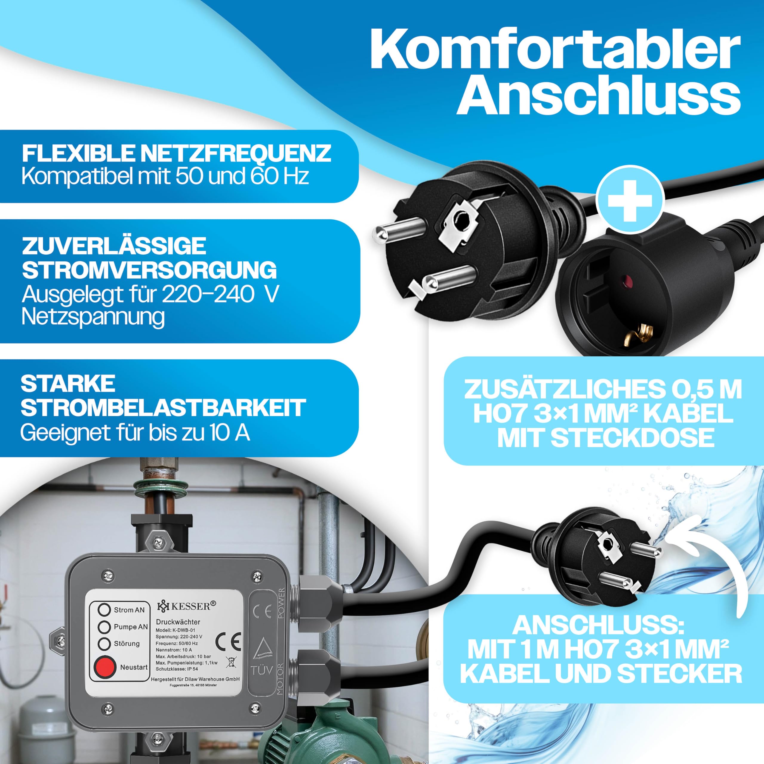 KESSER® Druckwächter Druckschalter | 10 bar Pumpensteuerung | Hauswasserwerk | Gartenbewässerung | Mit Kabel | konstanter Wasserdruck | Garten & Haus | automatisches Ein- und Ausschalten, Anthrazit
