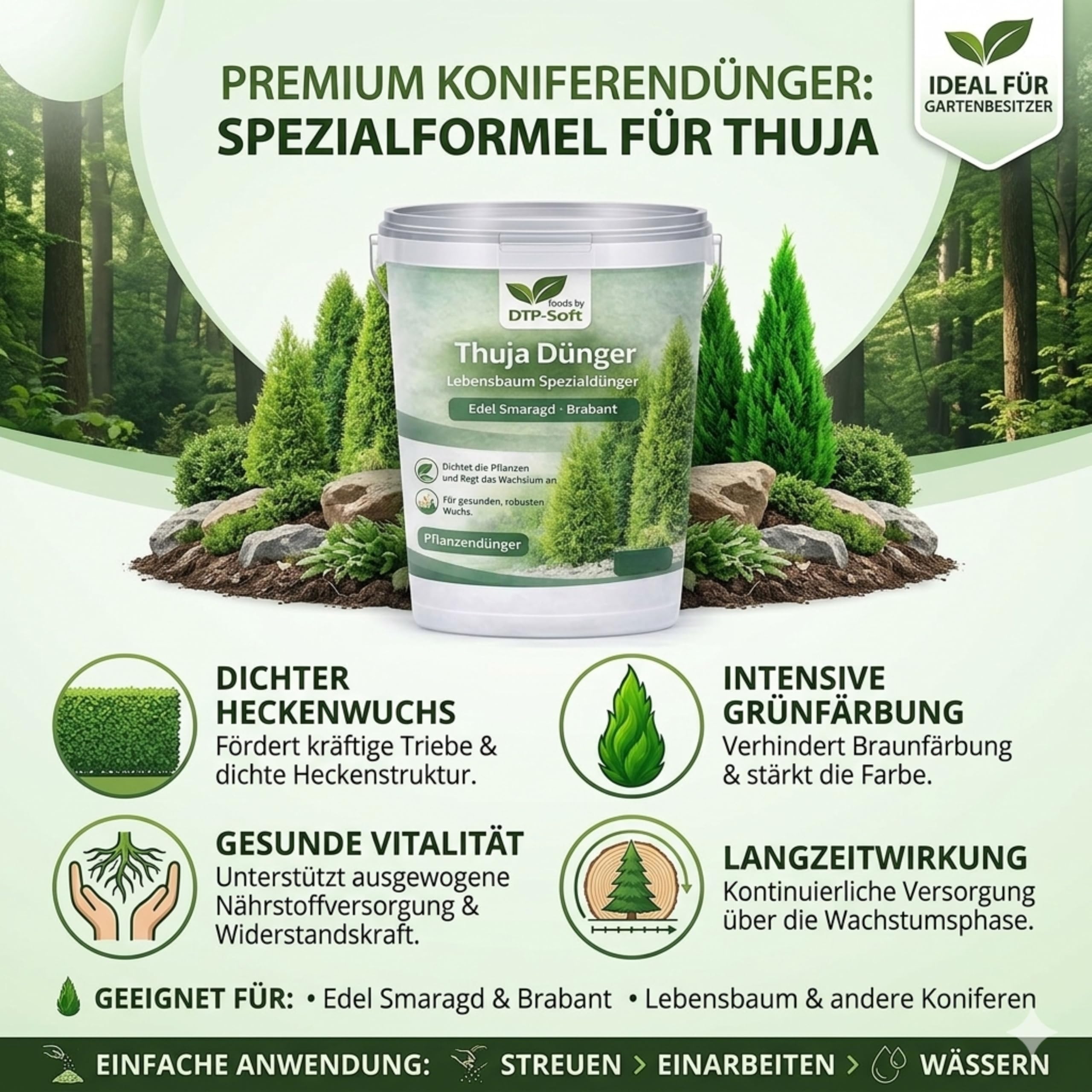 Thuja Dünger 10kg Eimer Koniferendünger - Lebensbaum Spezialdünger für Thuja Smaragd, Thuja Brabant und Thuja Edel - Heckendünger für dichte, kräftige und sattgrüne Hecken - für Garten, Zierpflanzen