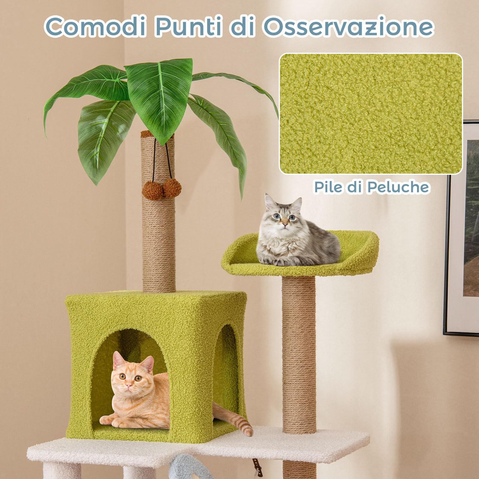 GYMAX Albero Tiragraffi per Gatti Alta180 CM, Torre Multilivello con 2 Condomini, Rampicante e Posti per Graffiare, Morbida, Decorazione a Tema Spiaggia, Centro Attività per Gattini e Gatti Adulti