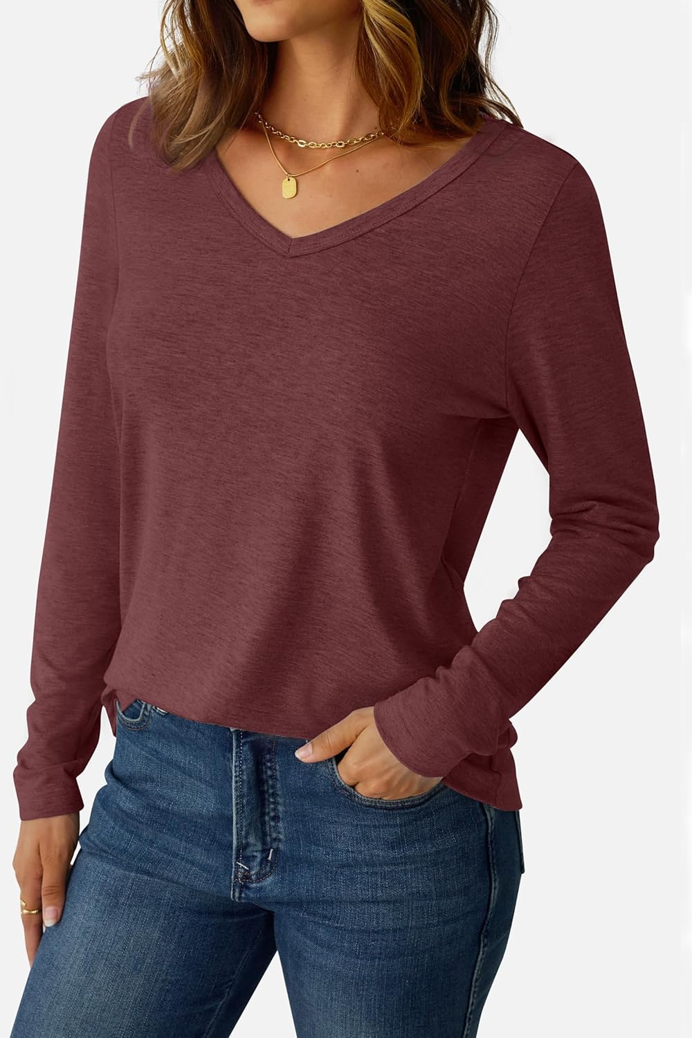 V Neck Long Sleeve Shirts for Women Soft Basic Tee Fall and Winter Casual Tops Trendy Everyday Wear - Image 2