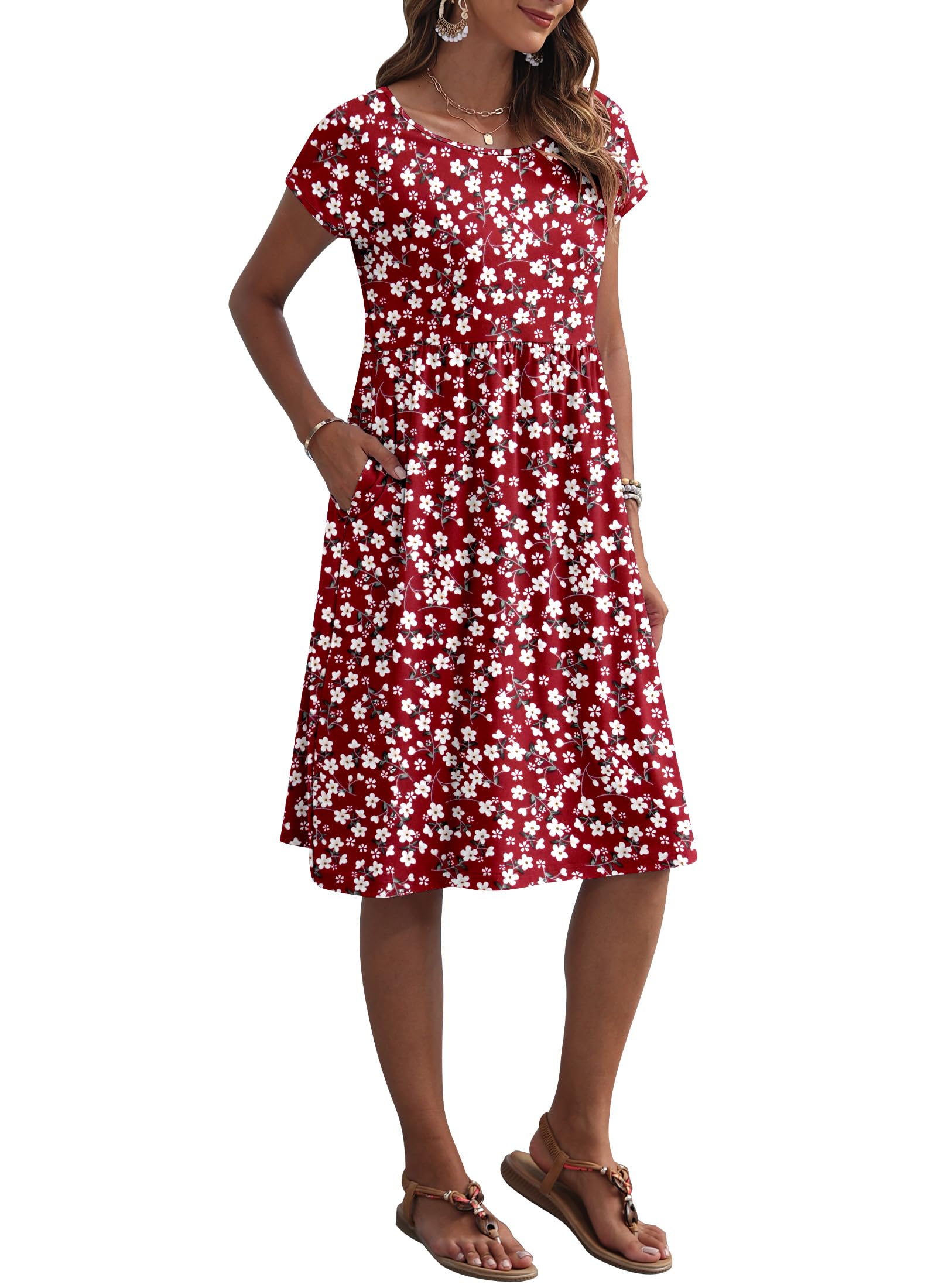 AUSELILY Vestito Estivo da Donna a Maniche Corte Abiti Casual Larghi Abito al Ginocchio con Scollo a Girocollo e Tasche