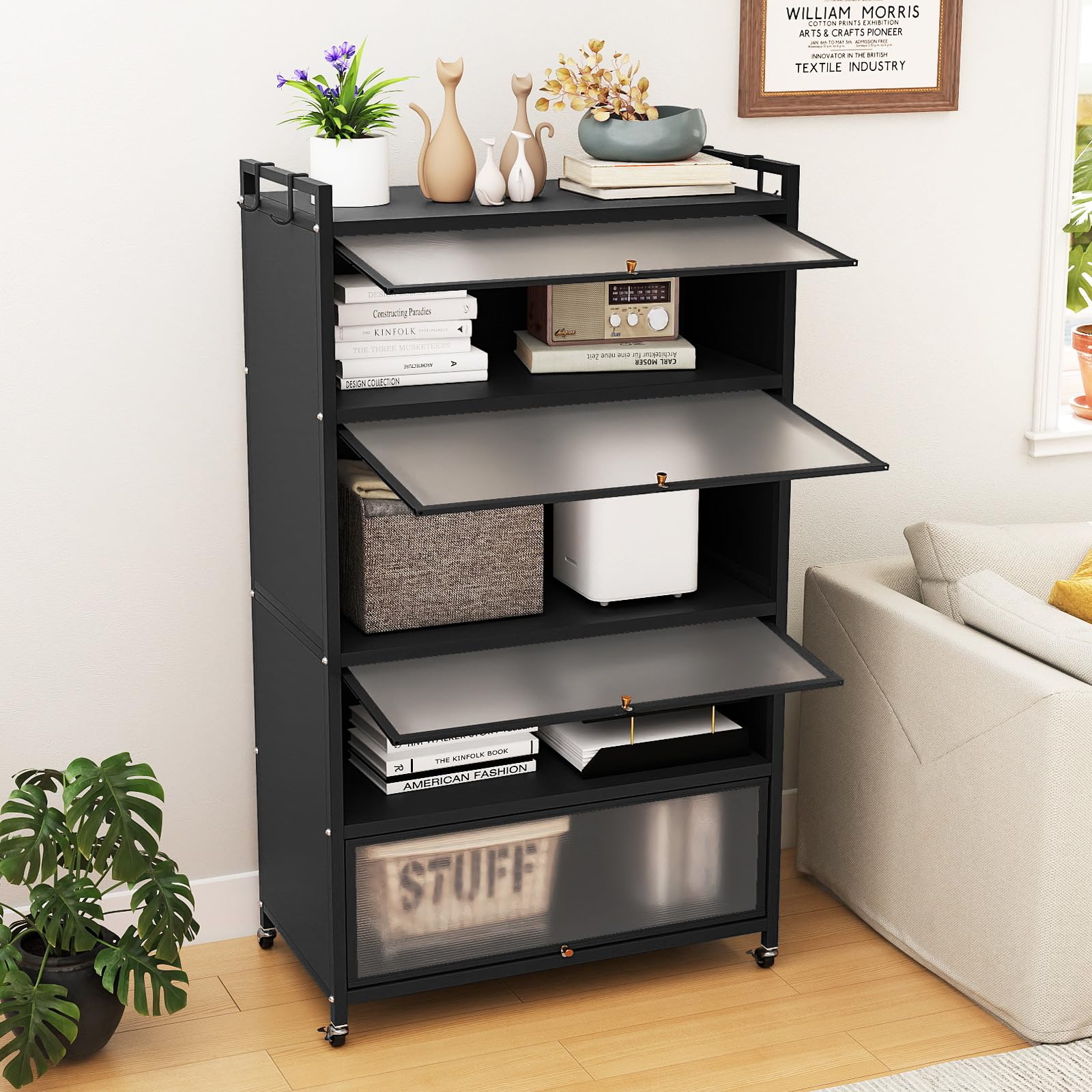 KOMFOTTEU Mobile Dispensa Cucina a 5 Livelli con Piedi Sostituibili, Mensola Microonde con Anta a Vista, Ruote, Dispositivo Antiribaltamento, Scaffale in Metallo per Soggiorno, Sala da Pranzo (Nero)