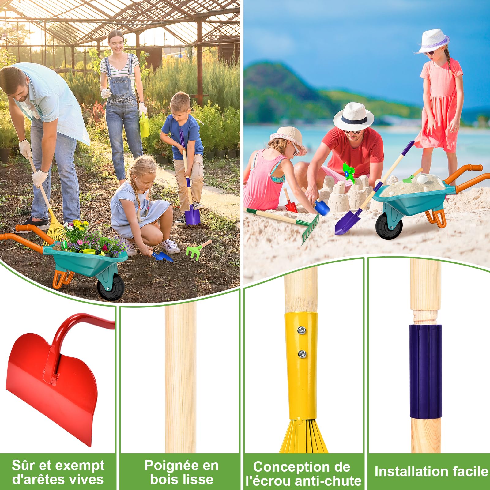 Aragallant Brouette Enfants, 14PCS Ensemble de Jardinage avec Outils de Jardin, Bêche, Râteau, Gants et Accessoires, brouette Jardin Kit de Jeu Éducatif pour Enfants 3 Ans