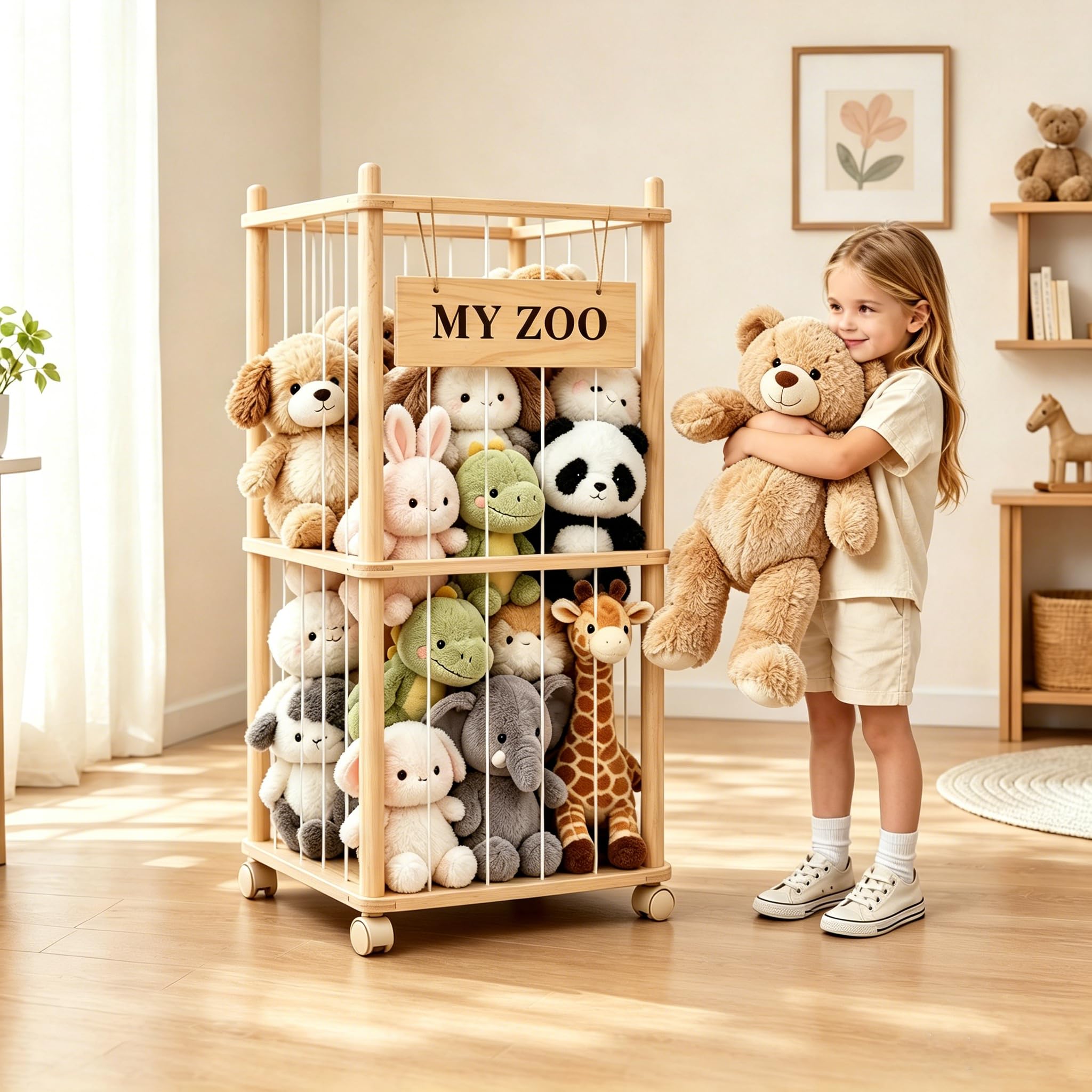 Contenitore per Peluche in Legno, Salvaspazio, con Ruote Dotate di Freno a 360°, per Sala Giochi e Camera da Letto, Decorazione per La Casa