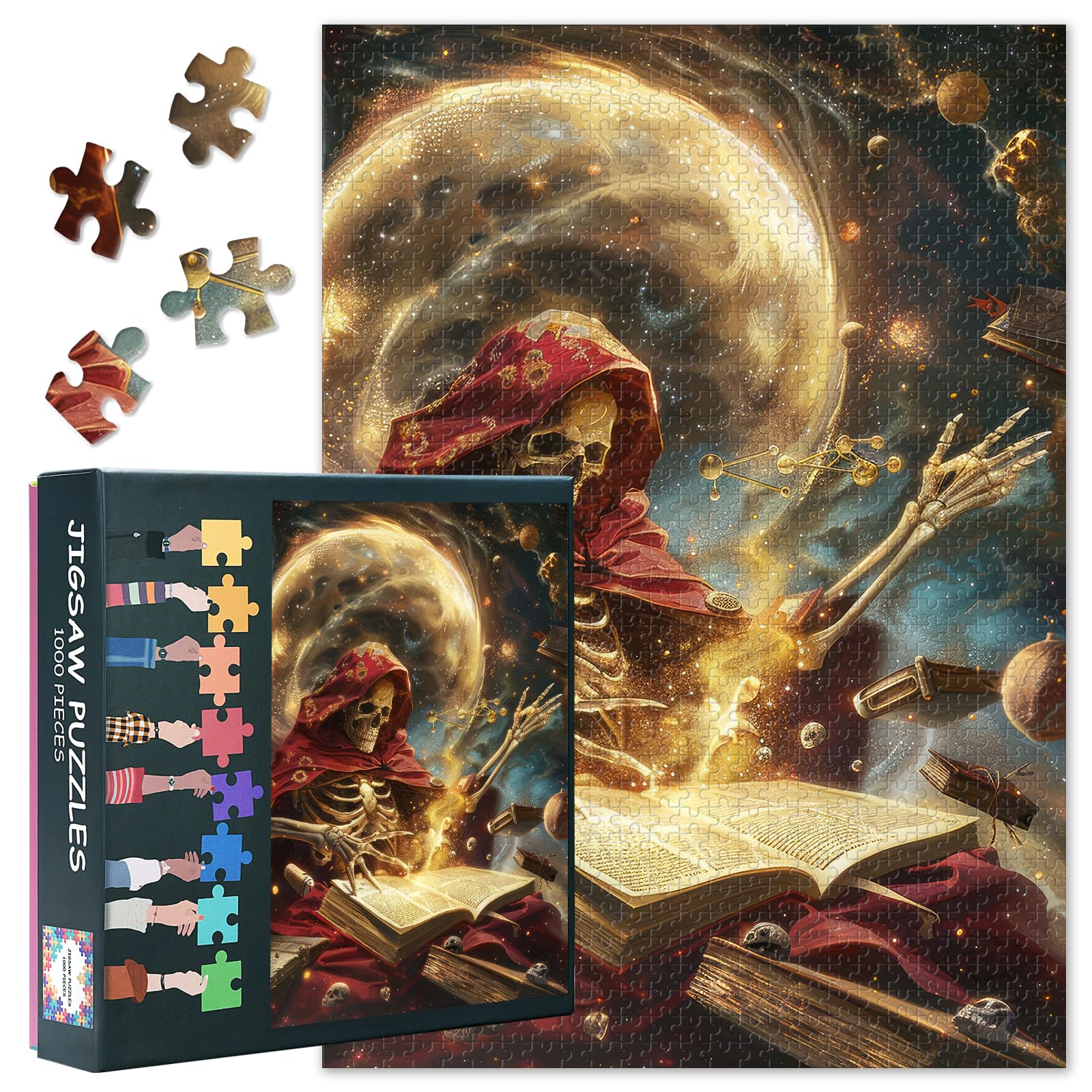 Jigsaw Puzzles 1000 Pieces for Adults - Mystical Skeleton Witch Reading a Book in Space, Vibrant Artwork, Premium Puzzle Board, Coolest Adult Puzzles - 27.5x19.7 inches