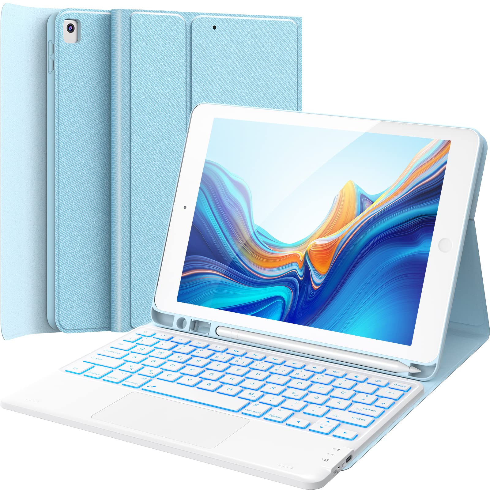 CHESONA Tastatur Hülle für iPad 10.2 Zoll 9/8/7 Generation, 7-Farbige Beleuchtung, 2 BT Kanäles, Wiederaufladbar Abnehmbare QWERTZ Tastatur, Blau