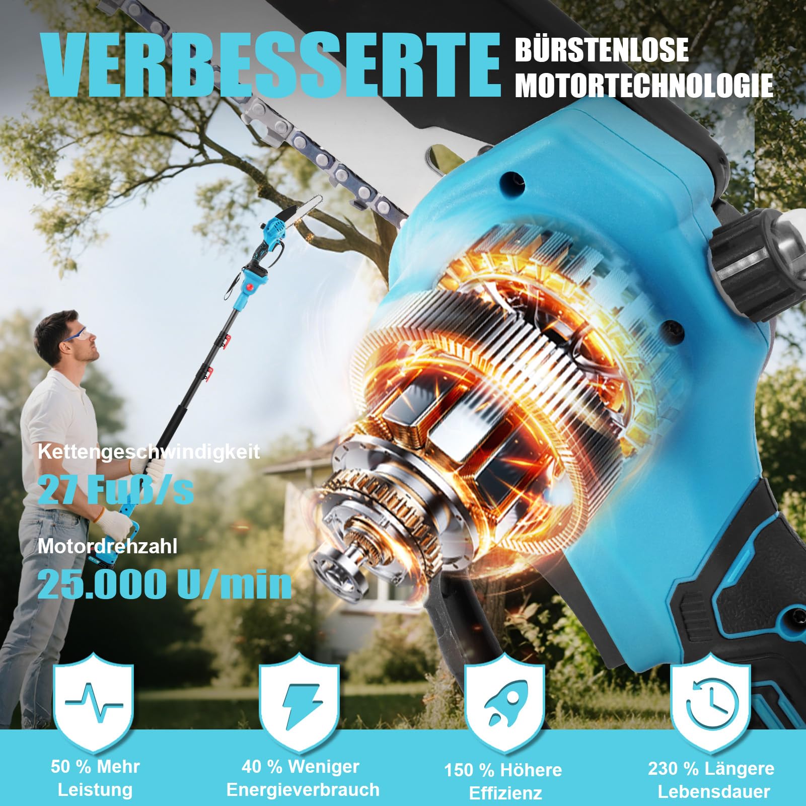 2 en 1 Mini Motosierra y Podadora de Pértiga, podadora telescopica de 1,1 a 2 m para podar árboles, Podadora de Pértiga con 2 Cadenas, Gafas, Guantes para Podar Arboles Patio de Jardín árboles