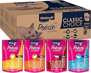 Vitakraft Poésie Classique, Vorratspackung, Nassfutter Katze, Katzennassfutter in Sauce, mit Huhn, mit Truthahn, mit Rind, mit Lachs, ohne Zusatz von Zucker und Getreide (1 Paket mit 96x 85g) product image