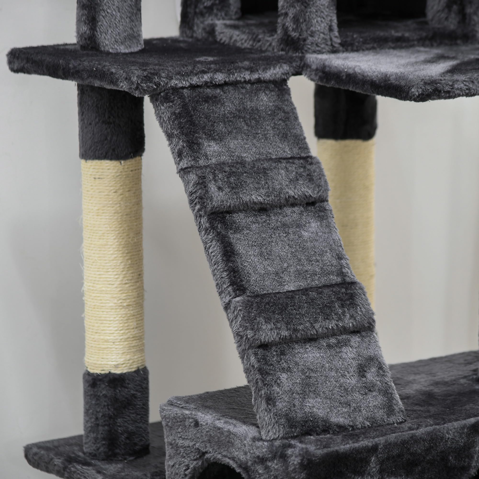 PawHut Árbol Rascador para Gatos Torre Escalador 2 Cuevas 173cm Gris Oscuro | Árbol para Gatos, 3 Camas, 2 Rampas, Postes de Sisal, 2 Ratones Colgantes