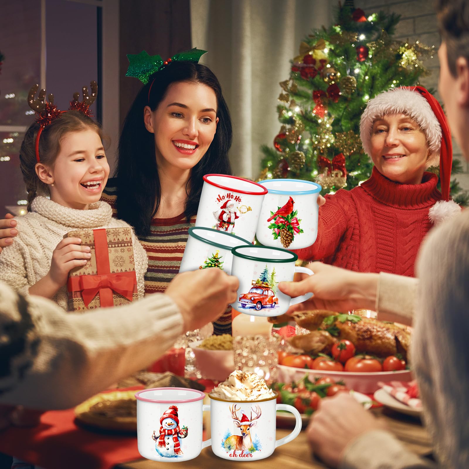 Geiserailie 6 tazze da caffè natalizie da 350 ml, smaltate, ideali come regalo di Natale per familiari, amici e colleghi, decorazioni per la casa (colore chiaro, serie